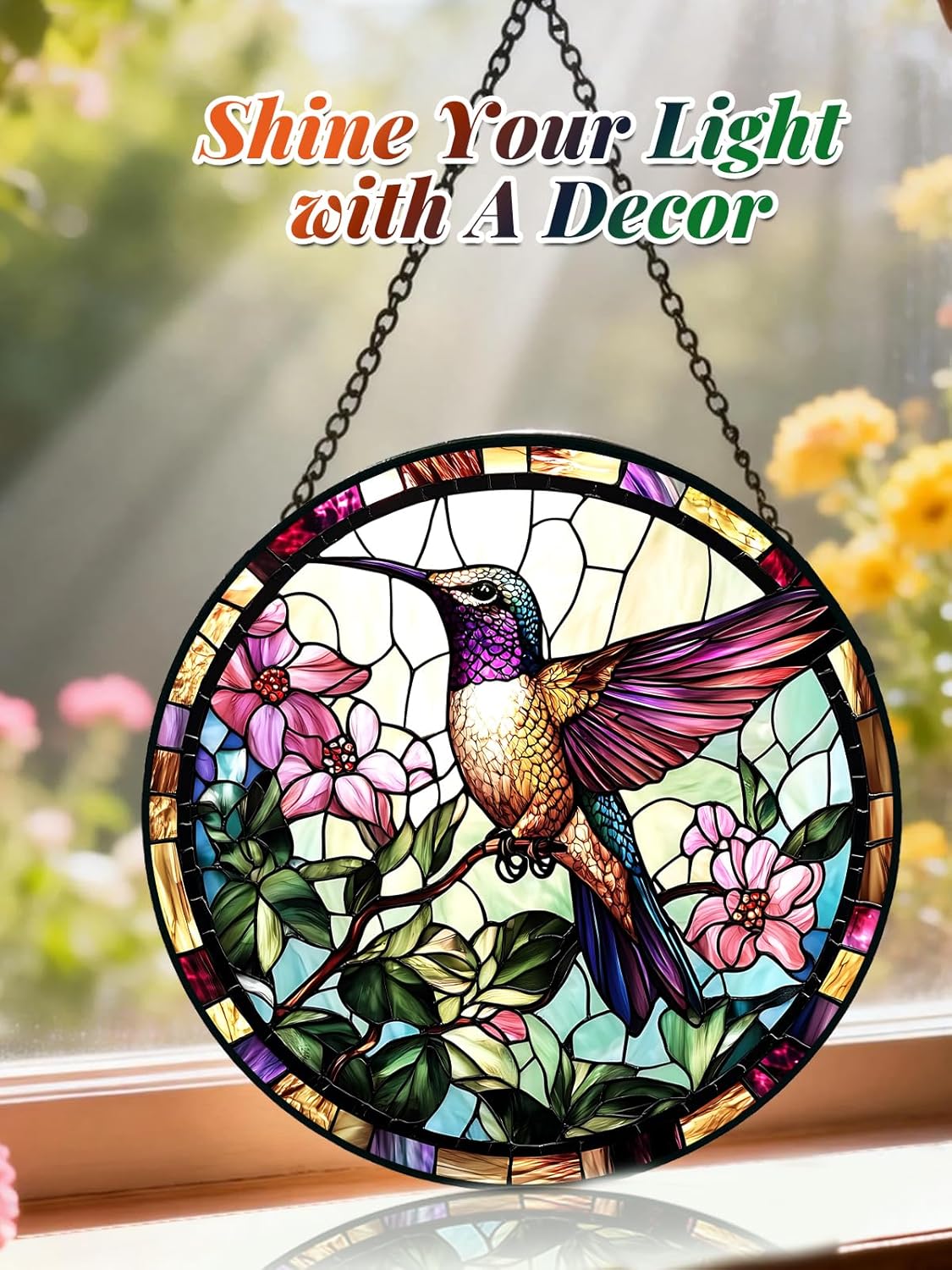 Stained Glass Window Hanging, Hummingbird Suncatcher for Door Home Decor, Birds Flowers Sun Catcher Ornament Mother's Day Birthday Gifts for Bird Lovers Women Men Mom 6.3 in - Image 4