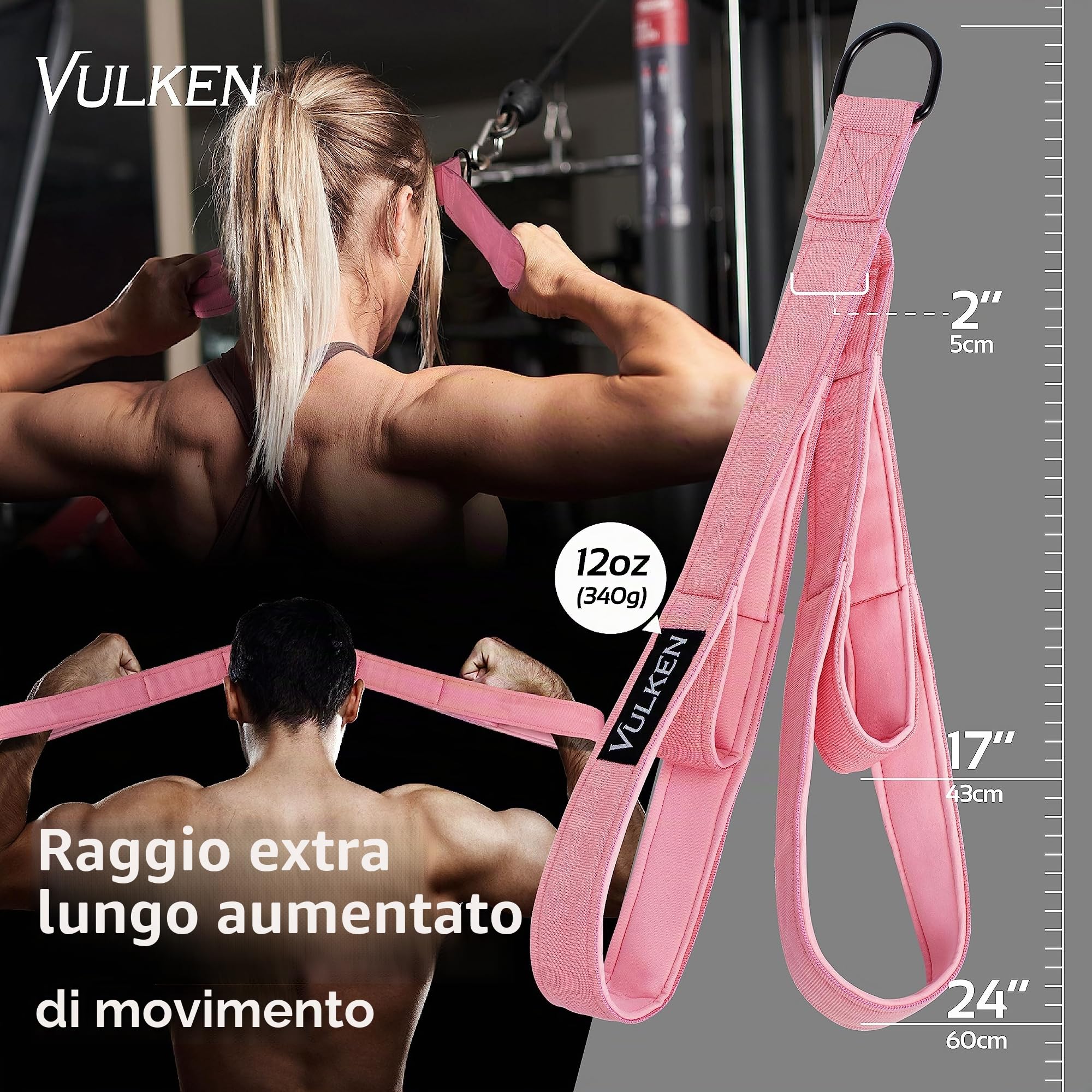 Vulken - Corda per tricipiti con Cavo, Due Misure in Una Corda Extra Lunga, Cinghie di Estensione per tricipiti, Attrezzatura da Palestra, Maniglie per Allenamento a casa per Bande di Resistenza.