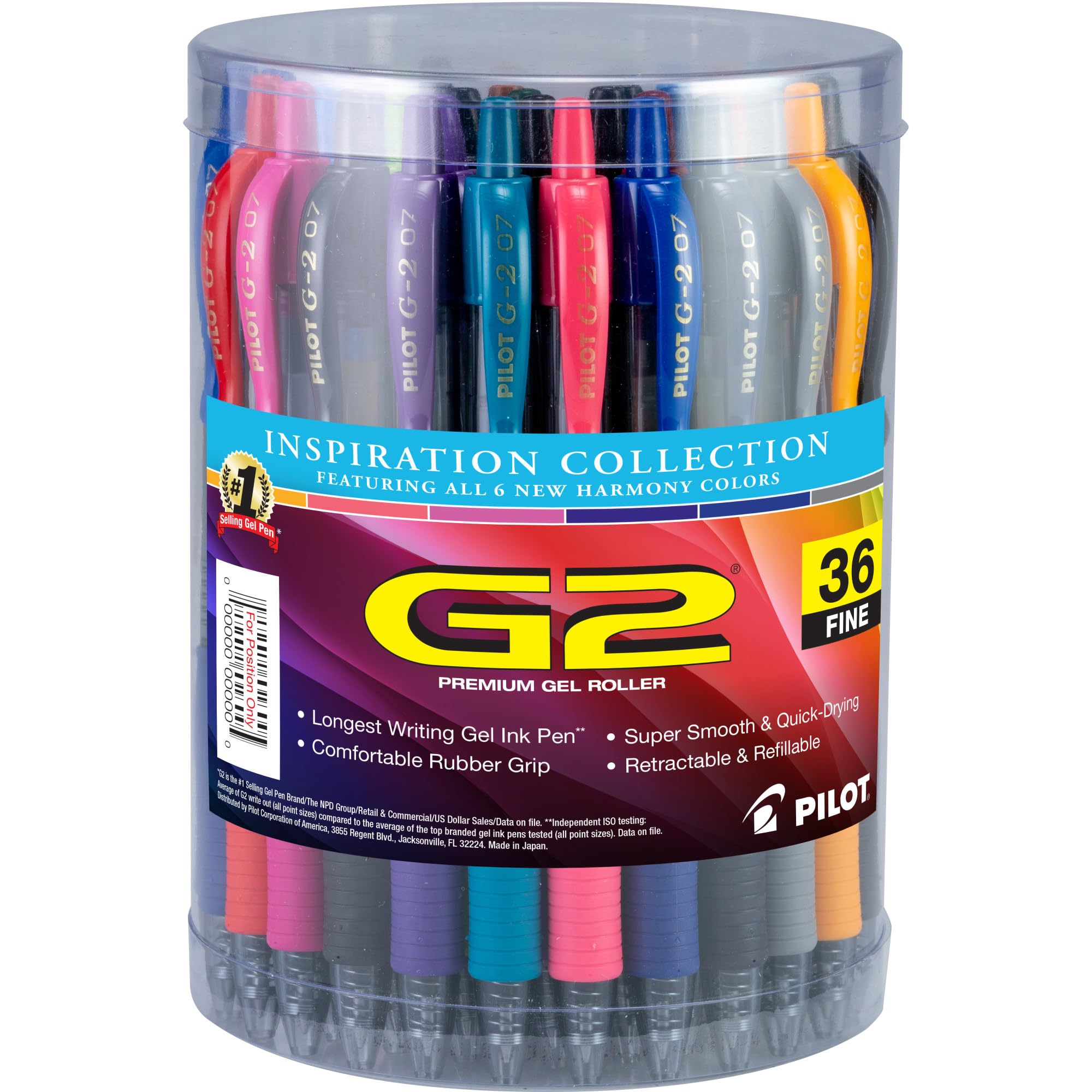 PILOT G2 Inspiration Gel Pens, Fine Point, 0.7 mm, Clear Barrels, Assorted Ink, Tub Of 36 Pens