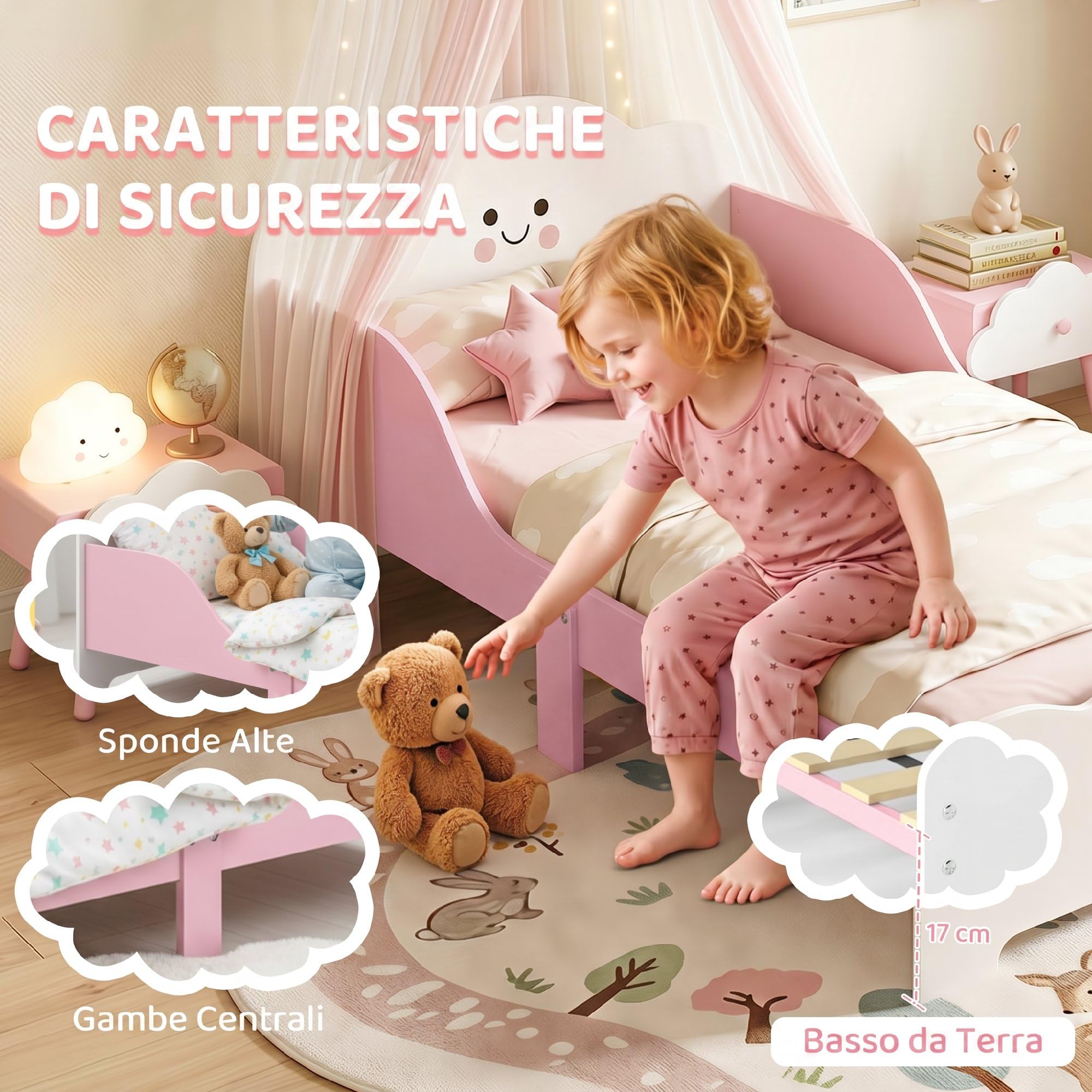 AIYAPLAY Letto Montessori per Bambini 3-6 Anni in Legno 143x77 cm Rosa | Lettino Singolo per Bambini, Sponde Anti-Caduta, Rete a Doghe, Forma di Nuvola, per Cameretta