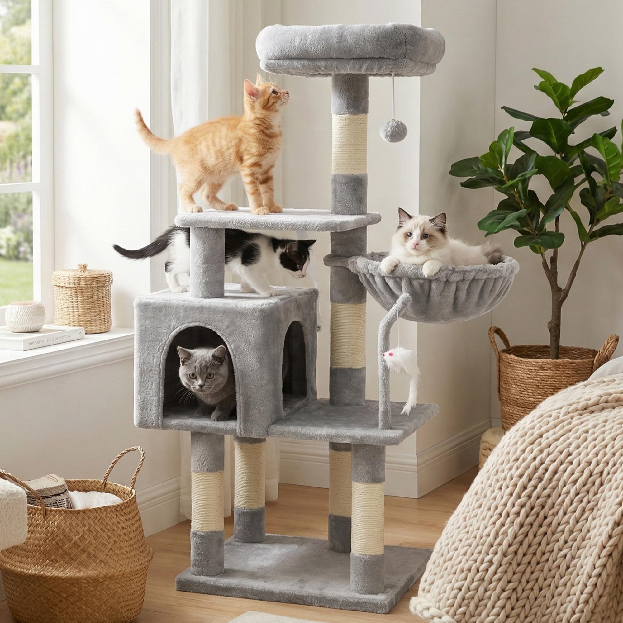 Hey-brother Arbre à Chat, Un Tour de Jeux pour Chats avec Jouets, Une Tour pour Chats intérieure équipée d'un perchoir bourré de Peluche et d'un hamac Confortable, Gris 0EMPJ004SW-N