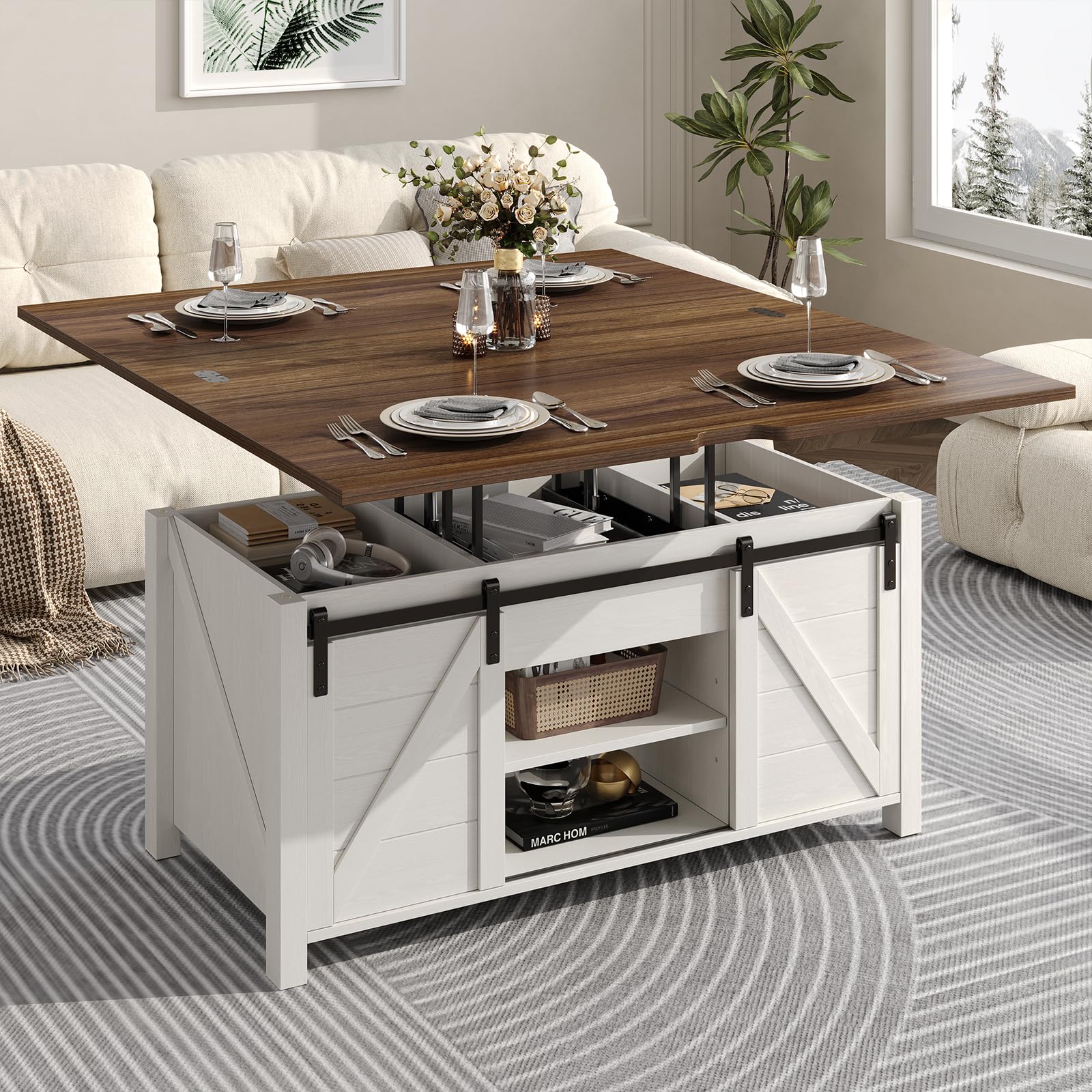 ONBRILL Farmhouse Lift Top Coffee Table with Sliding Barn Door,Rustic Center Table with Hidden Storage Compartment,Storage Coffee Table Converts to Dining Table for Living Room,Office,White and Brown