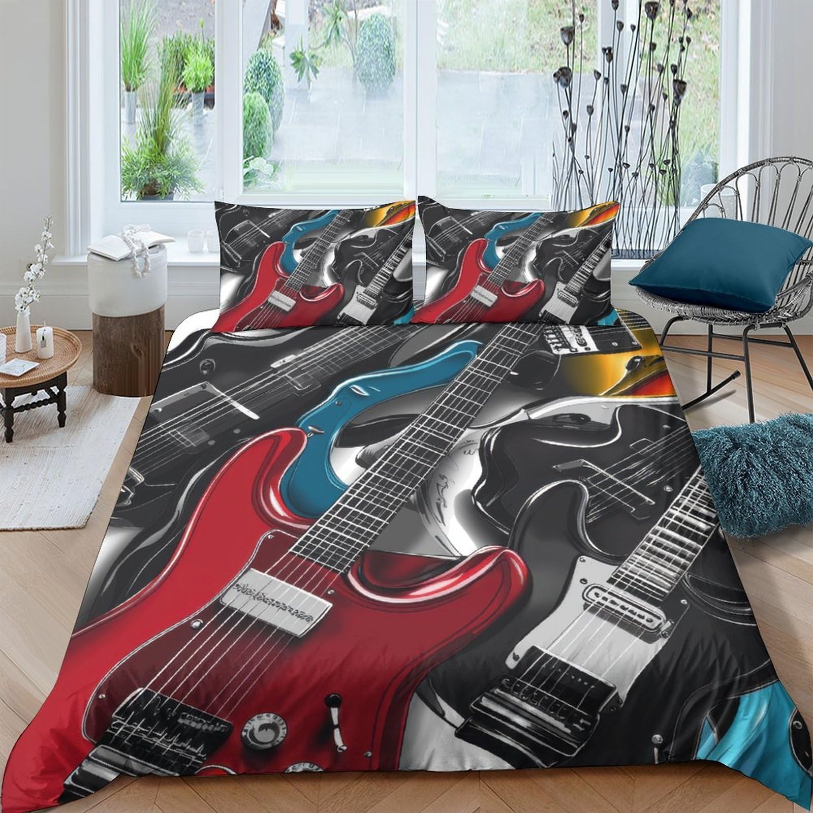 Ctjqhvkz Style-3 3D Printed Electric Guitar Fitted Sheet Microfiber Colourful Rock Music Bed Cover For Bedroom Dorm Mattress Decor Single（135X200cm）
