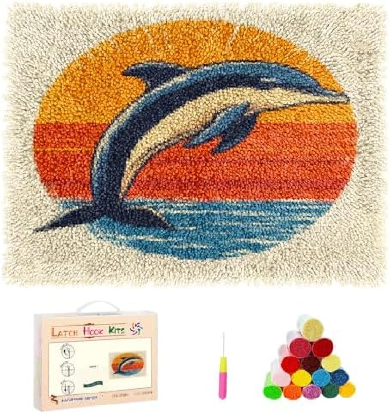 Wallphantom Knüpfteppich Zum Selber knüpfen,Delphin mit Sonnenuntergang,Knüpfsets Latch Hook Kit Selbst Knüpfen Set für Kinder und Erwachsene,Farbmuster vorbedruckt,90x120cm