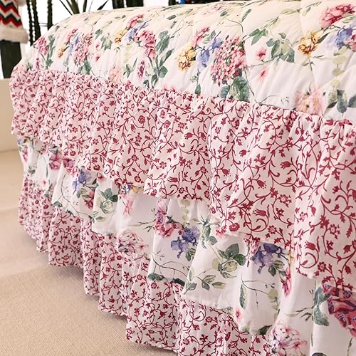 Miniatura 4 de EVENHUG Falda de cama 100% algodón, tamaño matrimonial, con volantes, color rosa, floral, con 2 fundas de almohada de 20 pulgadas, falda de cama de