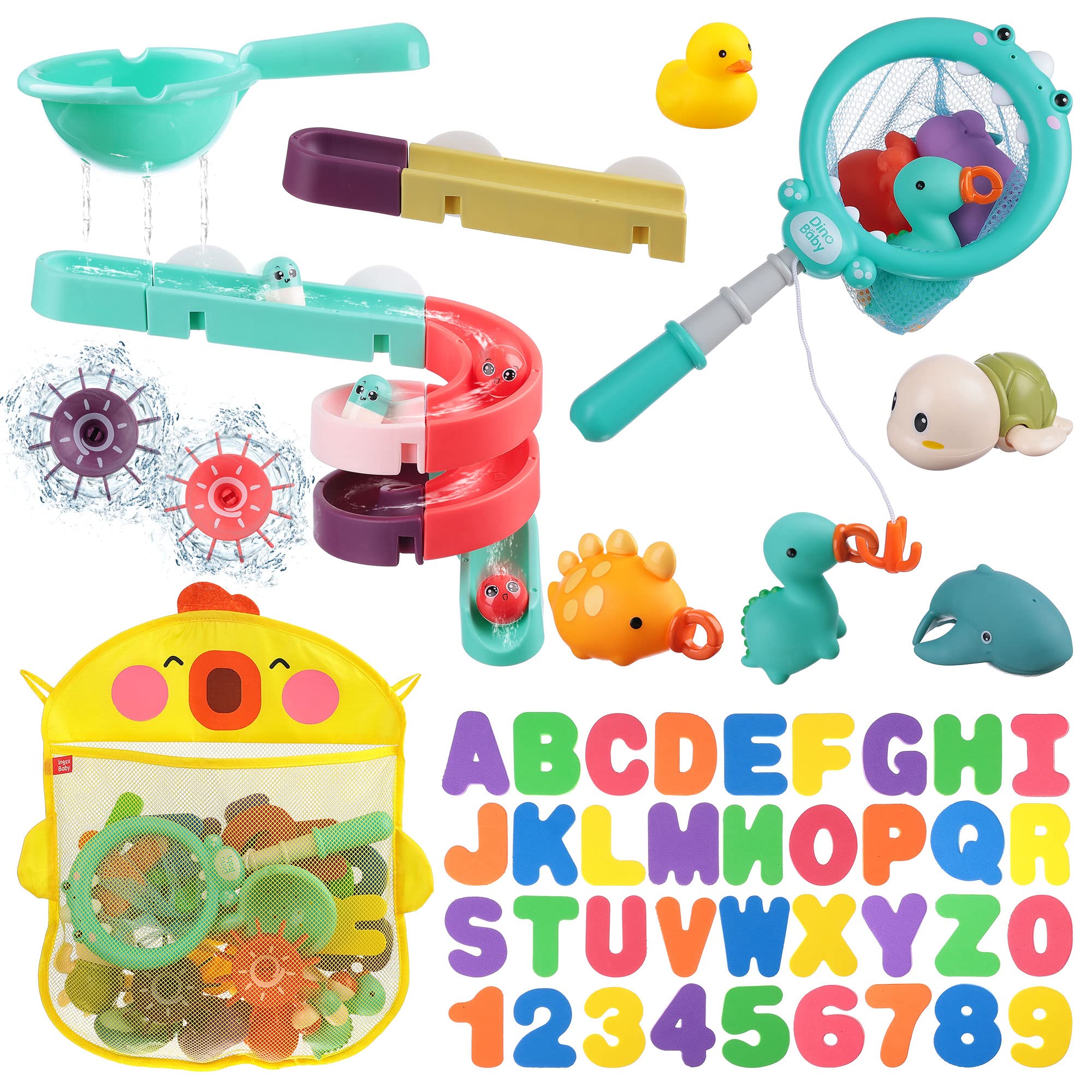 HOMNIVE Juguete de baño para bebé, 70 Piezas Tobogán de baño Juguetes flotantes para chorros Juegos de Pesca, Juguete de Piscina de Agua Bolsa de Almacenamiento, Regalo de cumpleaños para niños