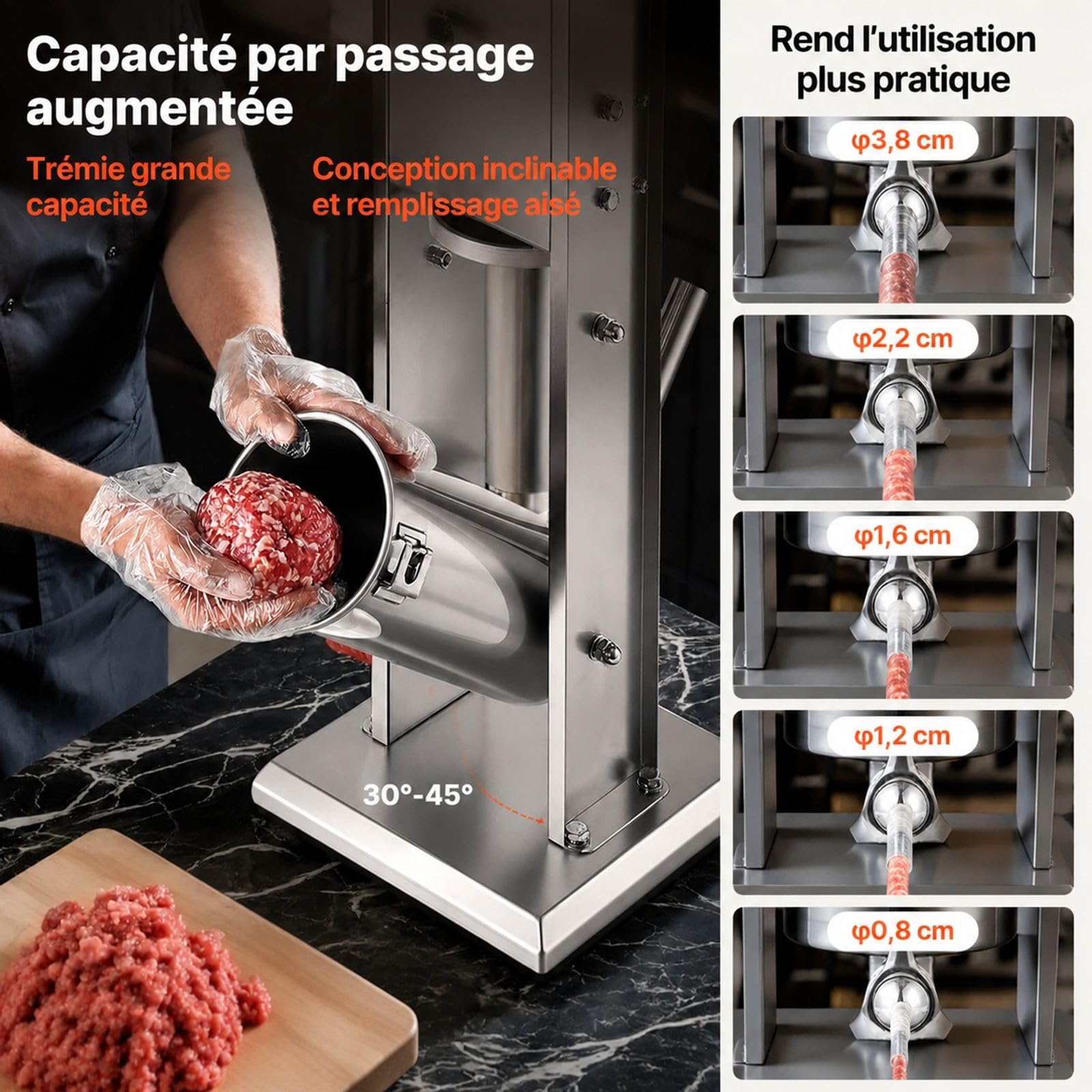 Poussoir à saucisses manuel vertical 5 L en acier inoxydable avec 5 tubes de remplissage pour cuisine domicile et restaurant