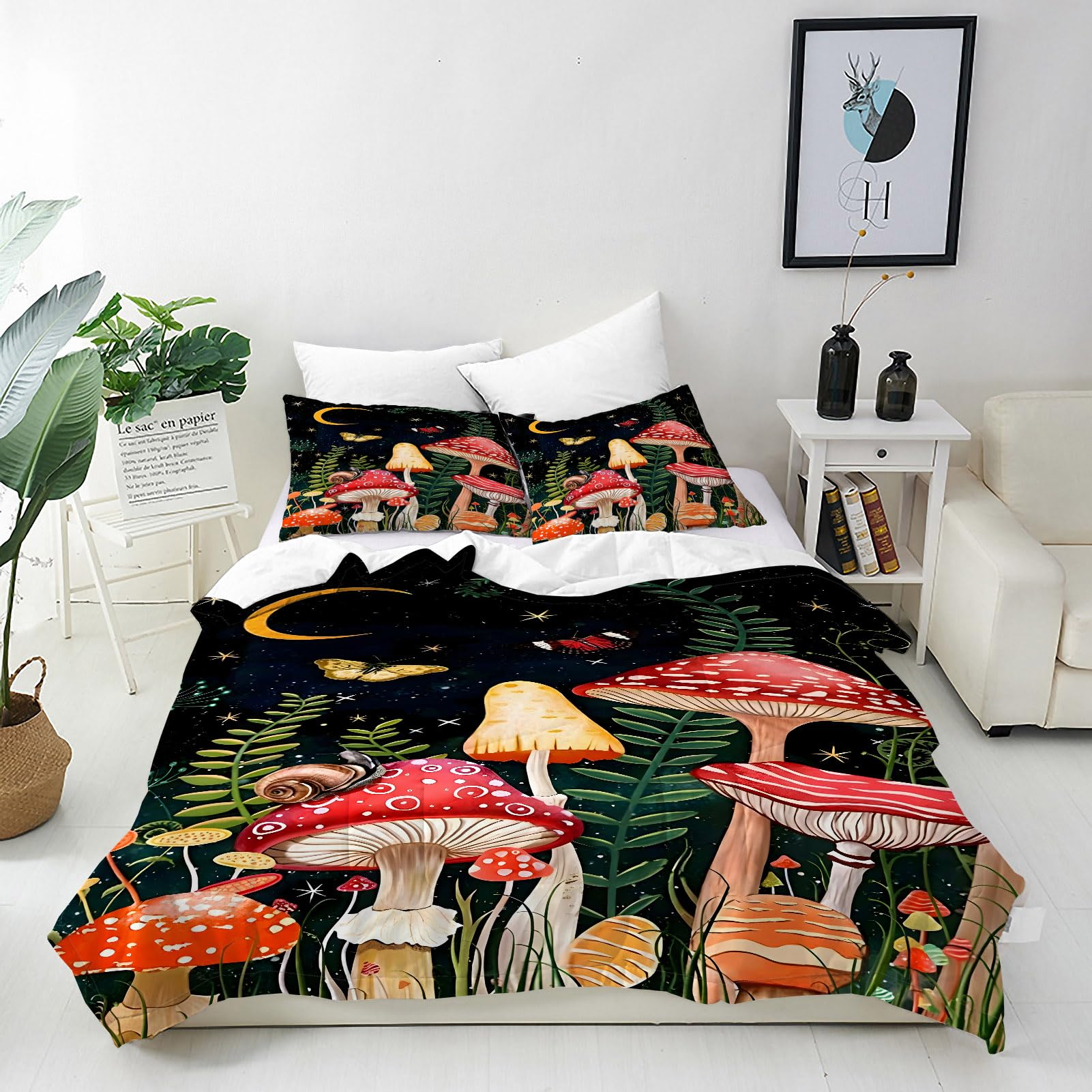 ANHOPE Mushroom Duvet Cover Set Soft Lightweight Microfibre Quilt Cover with 2 Pillowcase Moon Stars Snail Butterfly Plant Print Pattern 3 Pcs Bedding Set with Zipper Closure Double 200 x 200 cm โ image 1