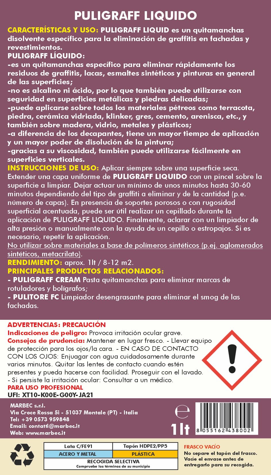 MARBEC PULI GRAFF LIQUIDO 1LT Para quitar graffitis, lacas, esmaltes sintéticos y pinturas en materiales de piedra. Se puede usar en madera, vidrio, metales y plásticos.