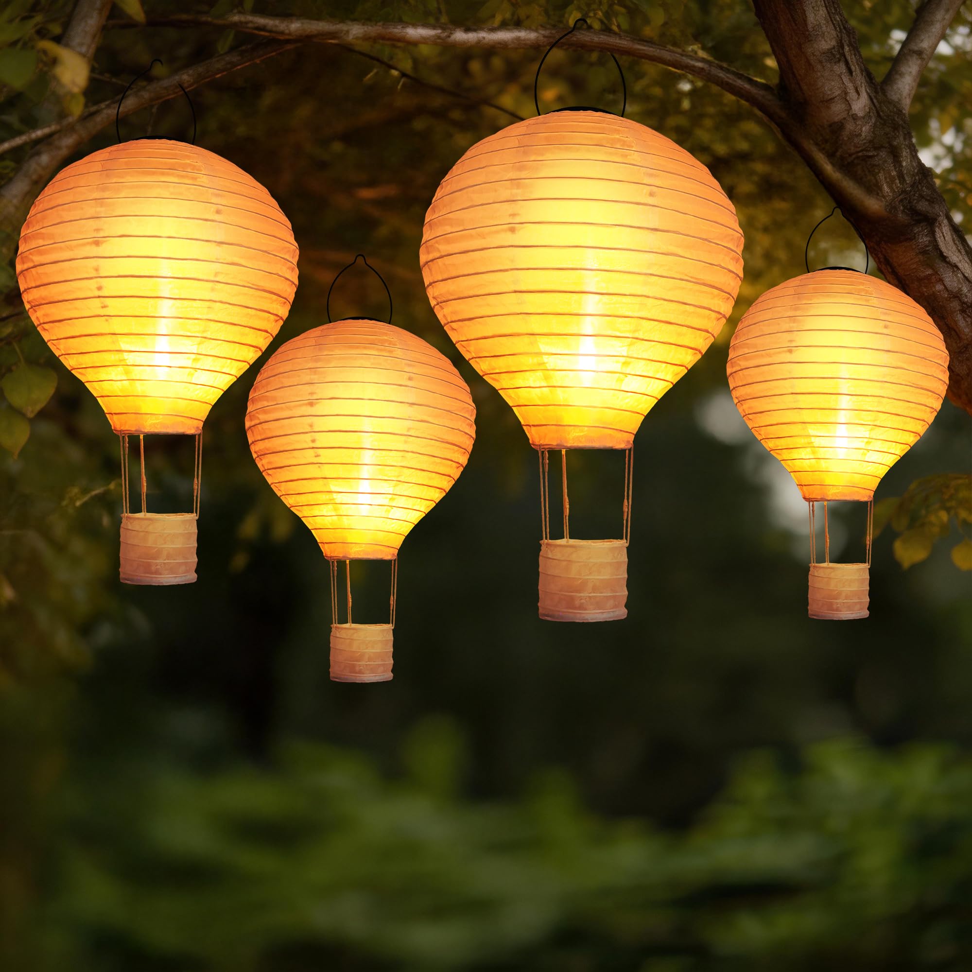 Qedertek Lámparas solares colgantes para exteriores, 4 unidades de 30 cm, farolillos solares para exteriores, resistentes a la intemperie, farolillos de jardín con llama parpadeante, globo aerostático