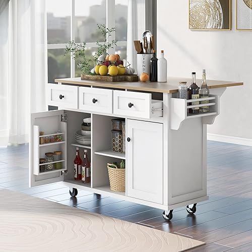 Miniatura 12 de P PURLOVE Carrito de isla de cocina con parte superior de madera y ruedas de bloqueo, carrito móvil de isla de cocina con armario de 4 puertas,