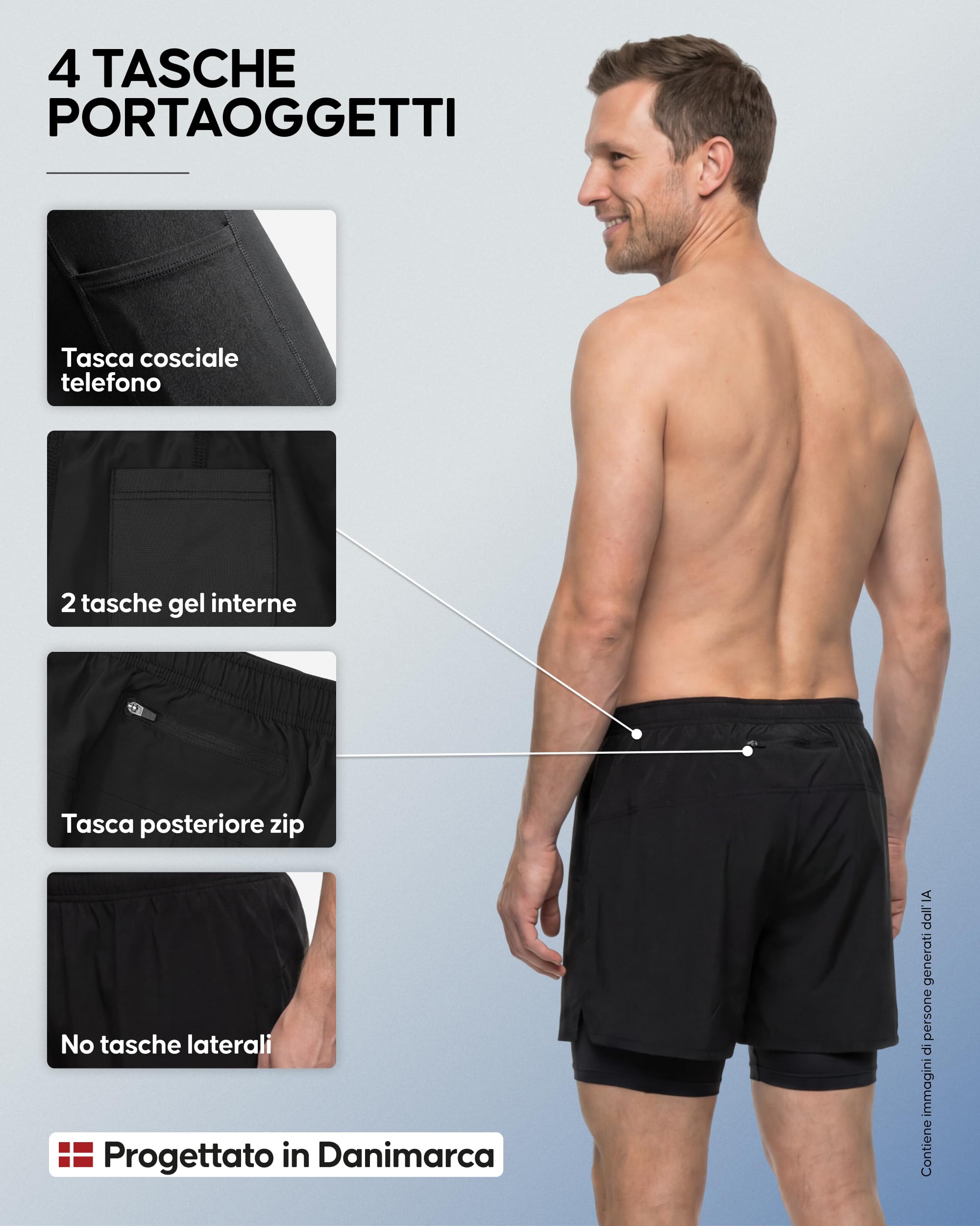 DANISH ENDURANCE Pantaloncini da Corsa Uomo, Fodera Interna di Supporto | Pantaloncini 2in1 da corsa, strato esterno leggero con fodera interna di supporto, tasche anti-rimbalzo, per corsa e palestra