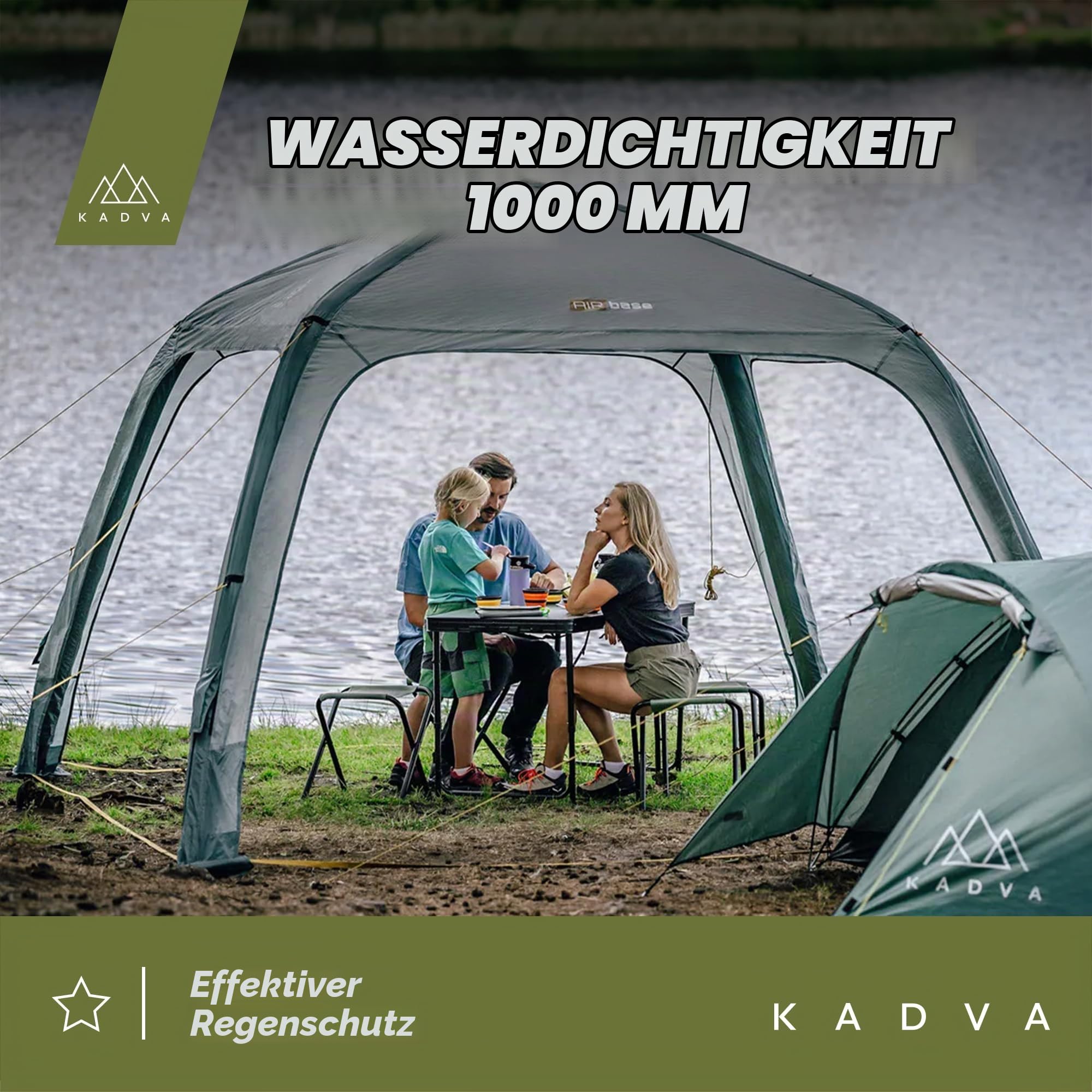 KADVA AIRcamp Base Zelt Überdachung Wasserdichtigkeit 1000 mm Geklebte Nähte Tunnelkonstruktion 3 aufblasbare Bögen Maße 350x350x210 cm Inklusive Pumpe UPF 50+ Haken Farbe Grün