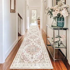 Madane Hallway Runner Rug 2x12, Extra Long Washable Runner Rugs with Rubber Backing, Non Slip Carpet Runner, Vintage Medallion Rug Runners for Kitchen Laundry Room Entryway (Pink, 2'x12')