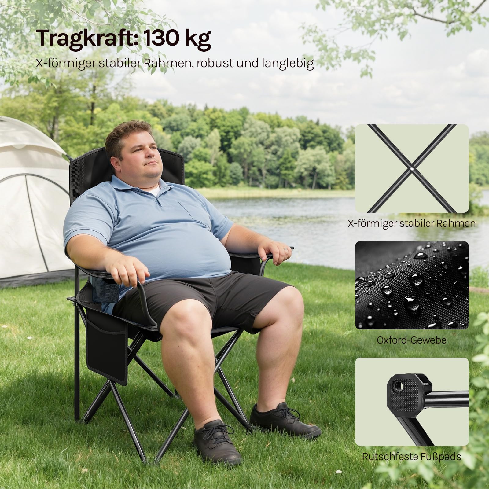 WOLTU Campingstuhl 2er Set Klappstuhl Faltbar bis 130 kg Belastbar mit Getränkehalter Seitentasche & Kühltasche, Outdoor Angelstuhl Camping Klappstuhl für Strand Angeln,Schwarz