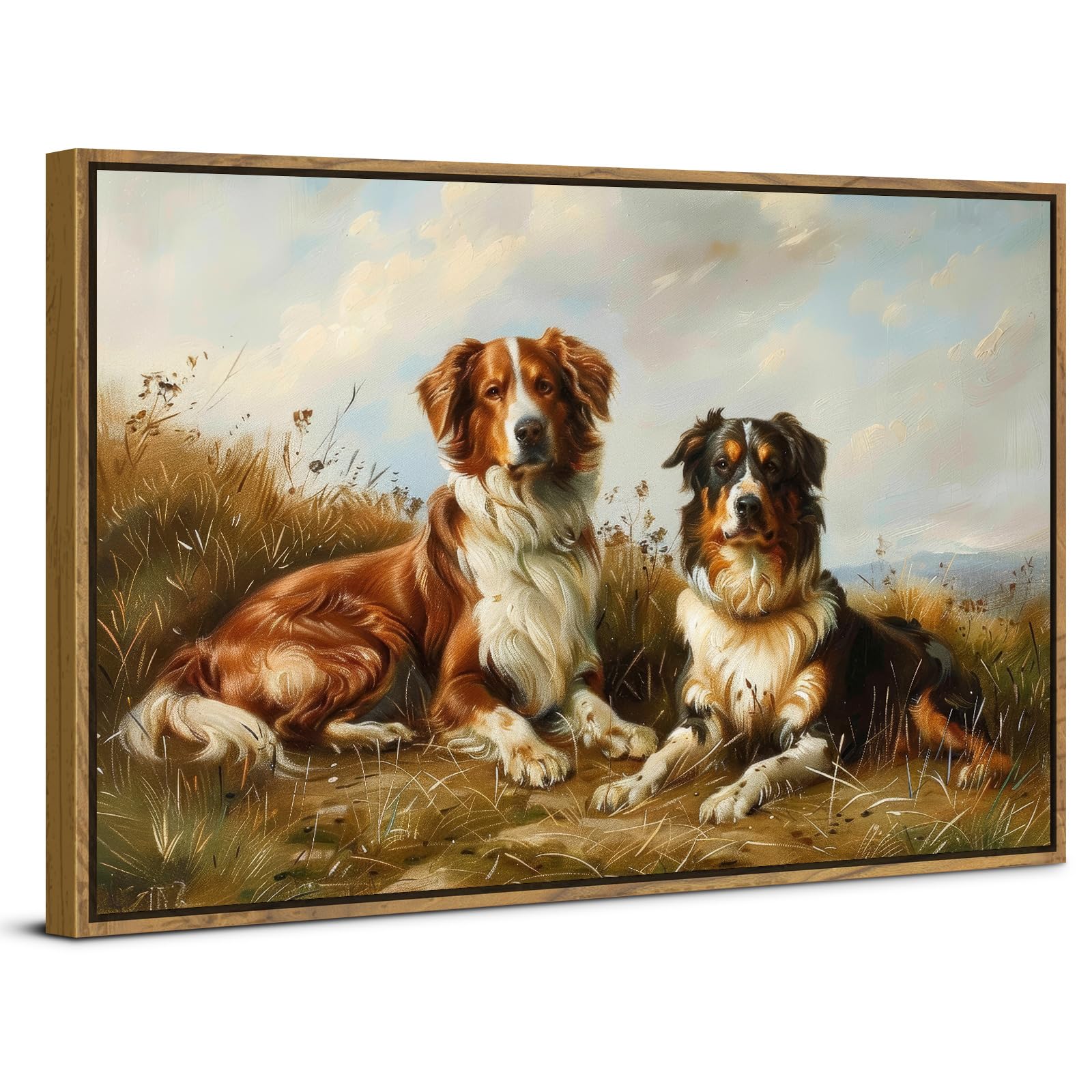 Vintage Wall Art Framed Wall Decor Nature Countryside Dogs Paintings Wall Decor for Bedroom Living Room Hallway Decorations 16x24", Rustic Wildflower Meadow Scenery Pictures Prints Artwork