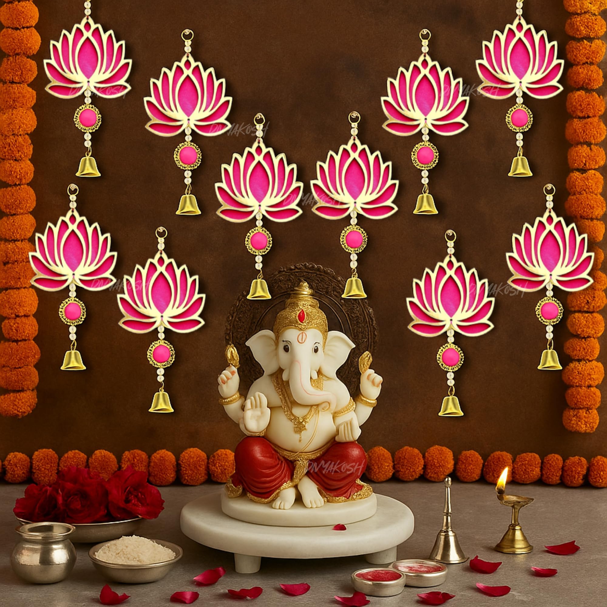 Divyakosh Fabric & Beads Lotus Hangings for Decoration,Pack of 10,Color,Pink,Door/Wall Decor,Mandir Pooja Room,Temple Decor,Export Quality,Wedding Backdrop Decorative Items,Size,9 Inch