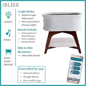 TruBliss Evi Smart Baby Bassinet Beside Sleeper with Auto-Glide, Ambient Nightlight & Sensory Sounds, Compatible with Alexa and Google Home, Includes 2 Sheets (Soft White w/Espresso Legs)