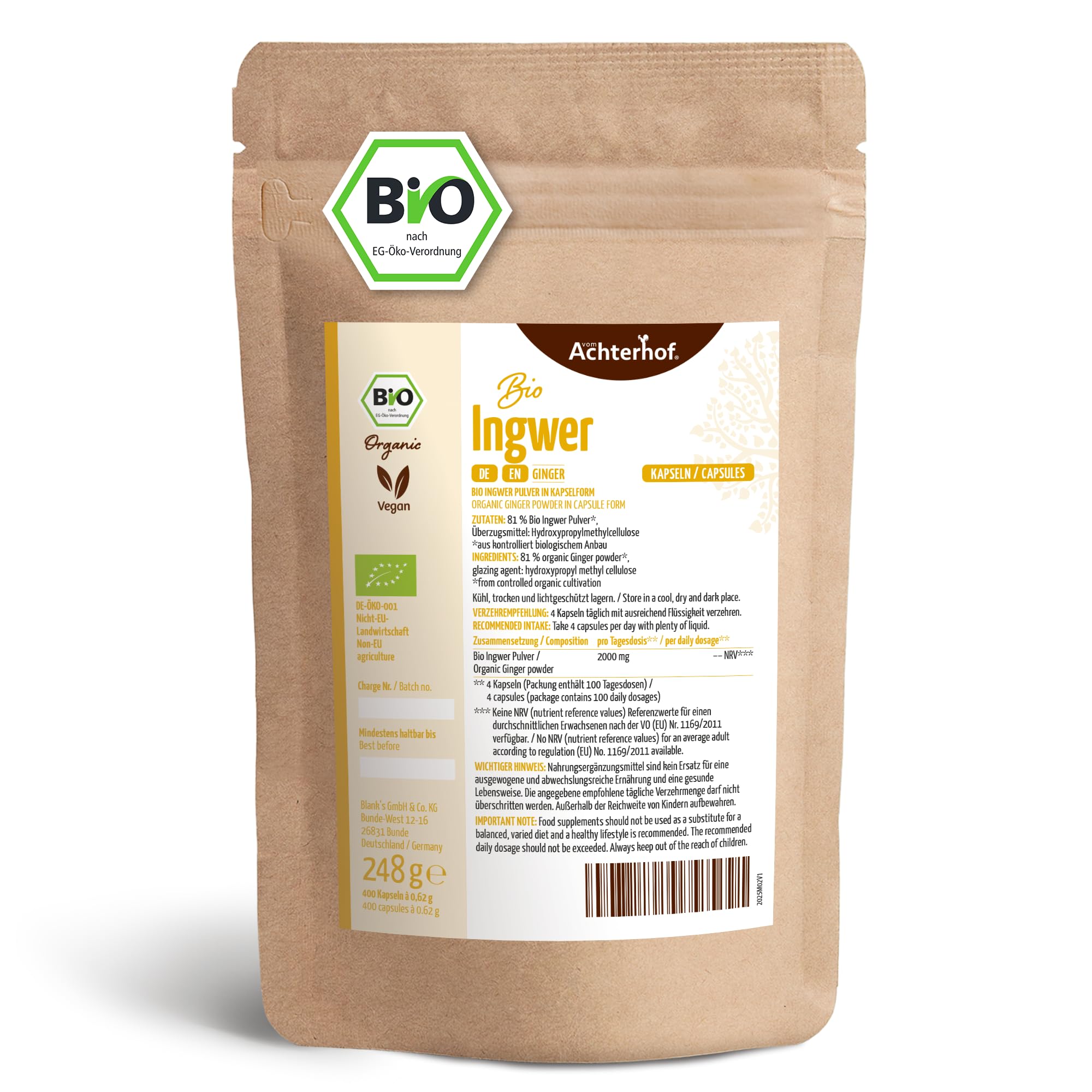 Capsules de gingembre bio 400 pièces | Recharge | 500 mg de poudre de gingembre par capsule | issu de l'agriculture biologique contrôlée | convient au régime végétalien | vom Achterhof