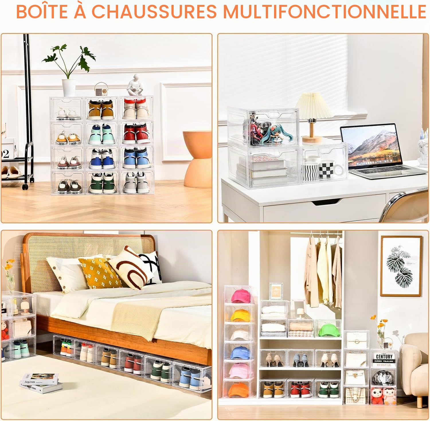 INSTY Lot de 6 grandes boîtes à chaussures en plastique, empilables, porte magnétique, facile à assembler, pour chaussures de pointure 46, transparente