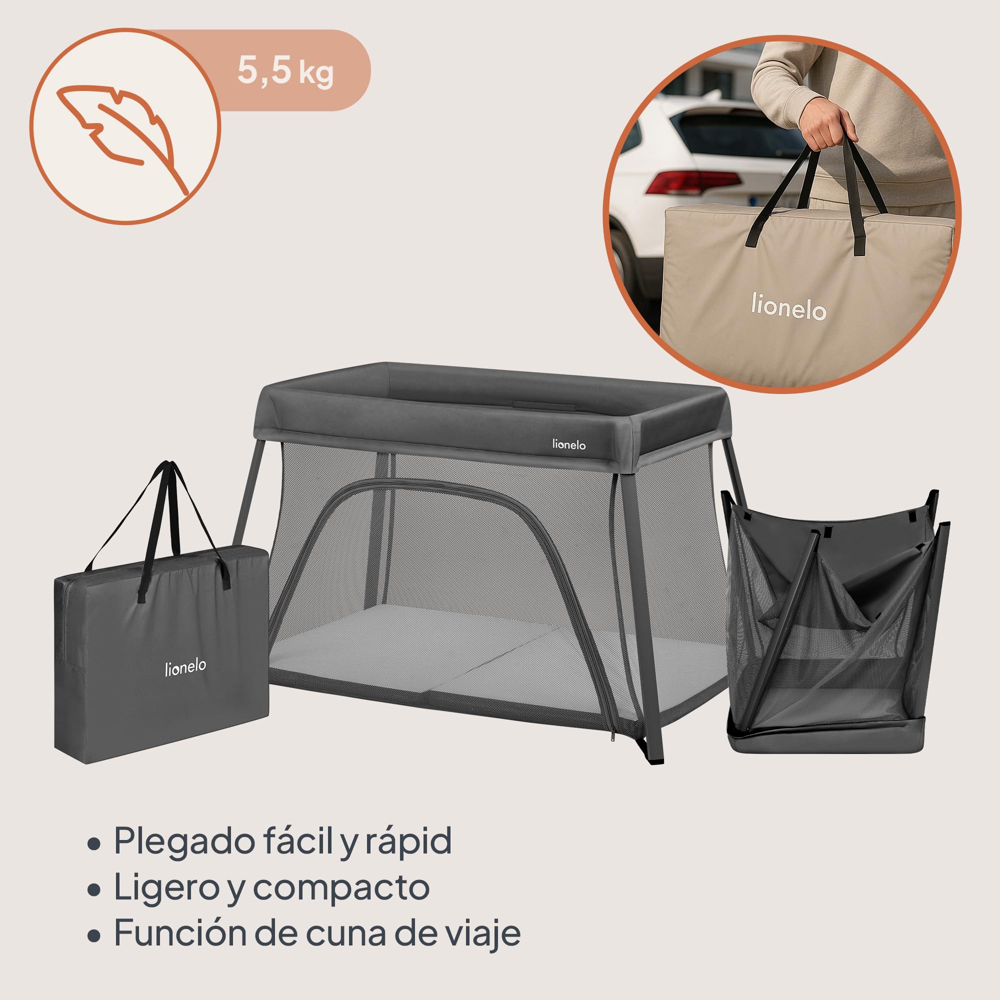 lionelo Cuna de Viaje Parque Cuna Bebe 3 en 1 Alice de 0 a 15 kg Colchón de Espuma, 2 Niveles de Altura, Plegable, Pequeña, Ligera, Entrada Lateral, Bolsa de Viaje