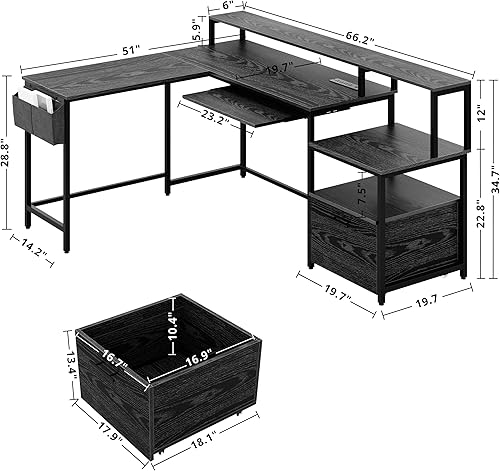 Miniatura 3 de IRONCK L Shaped Computer Desk, 66" Corner Desk with Power Outlet, File Drawer, Keyboard Tray, Riser Monitor Shelf and Storage Bag, Study Writing