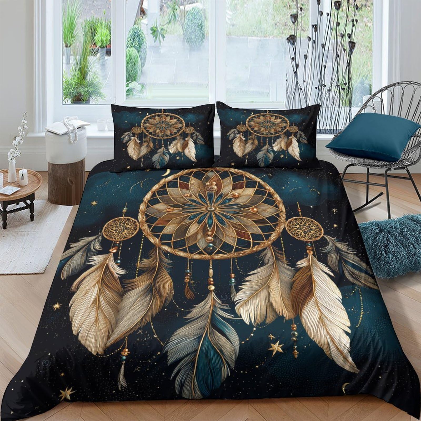 Ctjqhvkz Style-2 3D Printed Dreamcatcher Fitted Sheet Microfiber Gold Feather Bed Cover For Bedroom Dorm Easy Care Anti-Slip Design Single（135X200cm）