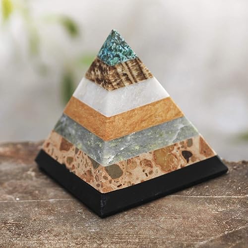 Miniatura 2 de NOVICA Piedra preciosa natural multicolor hecha a mano, energía geométrica, curación espiritual, 3 pulgadas, escultura piramidal Be Positive