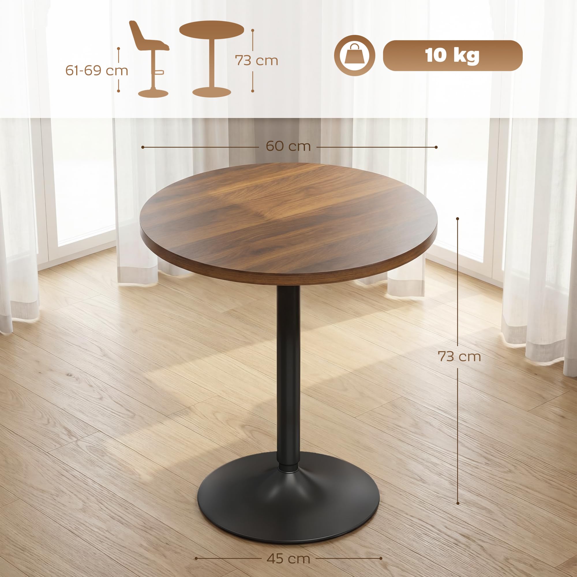 HOMCOM Table de Bar Ronde 60 cm, Table Haute Cuisine Mange-Debout avec Patins antidérapants, Cadre en métal, pour Cuisine, Salon, Noyer