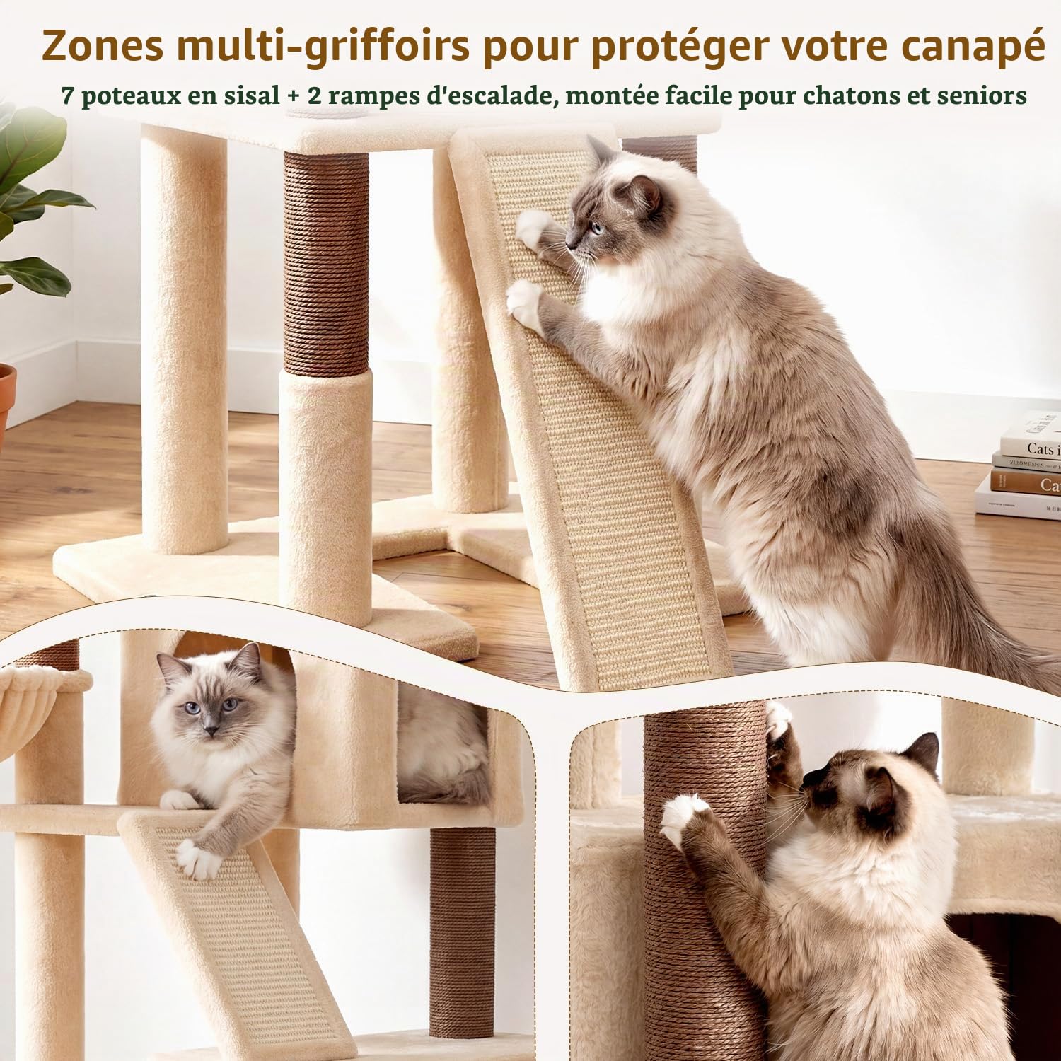 Globlazer F78 Arbre à Chat XXL Beige pour Grand Chats 200 cm Arbre a Chat | Multifonction Stable Arbres à Chat avec 2 Immense Niches, Grand Plateformes 3 Panier Planche Sisal, pour Plusieur Chat Adulte