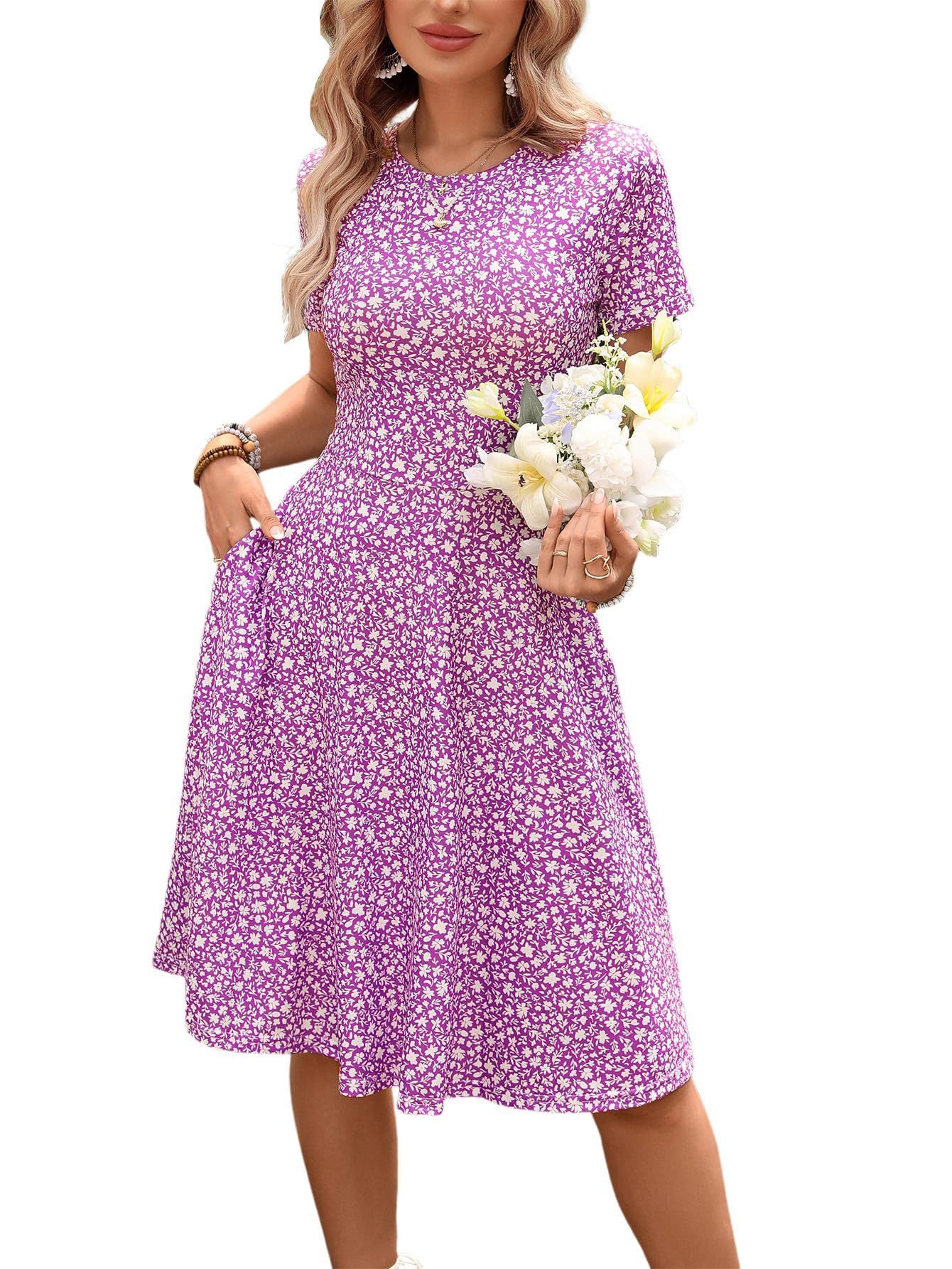 Women's 2026 Fit and Flare Dress Summer Casual Elegant Vintage Floral Printed Work Party A-line Dress with Pockets 162