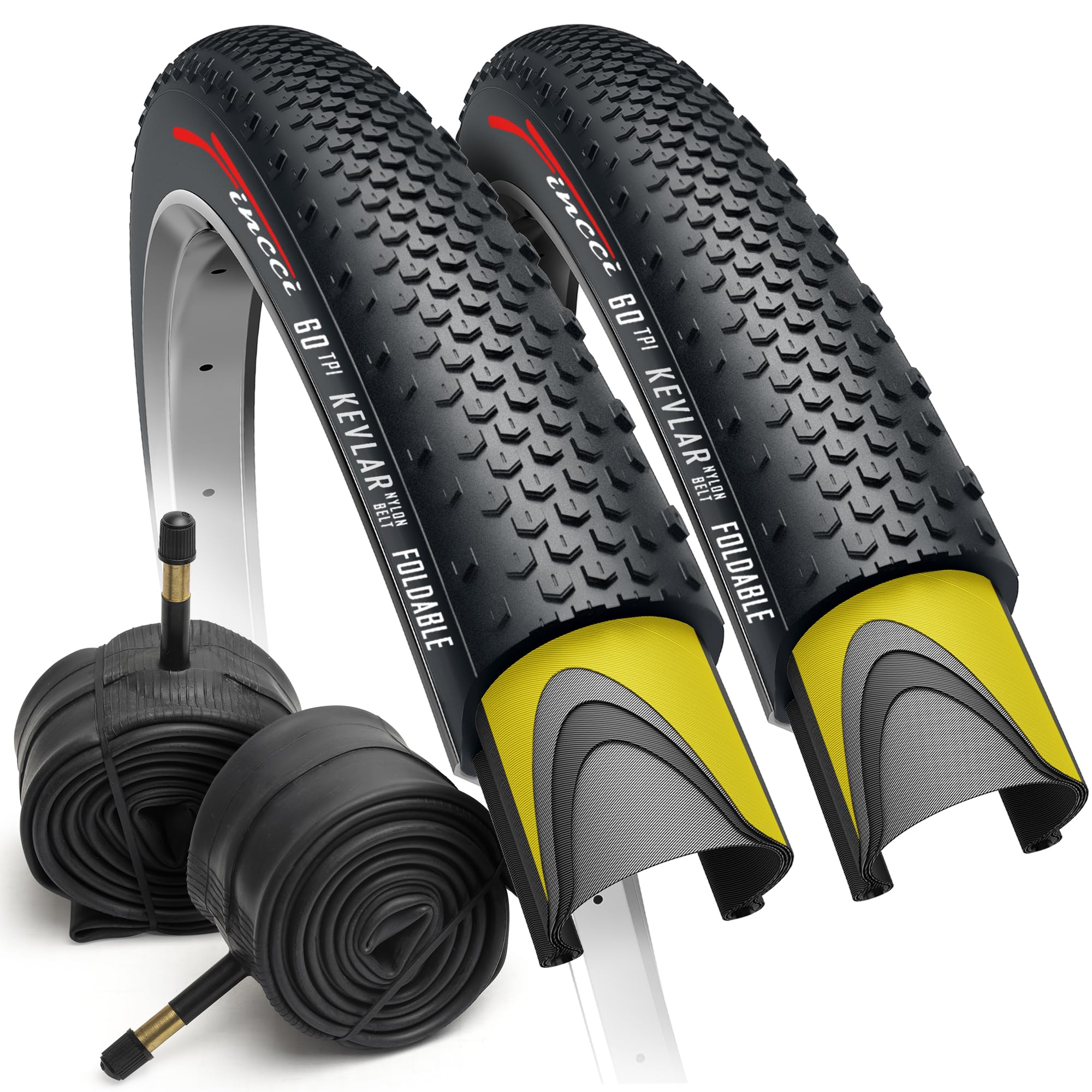 Fincci Pair 700x38c Tyres - Gravel Foldable Tires 28 inch with 1mm Nylon Puncture Proof and 2x Inner Tube 40-622 Schrader Valve, 60 TPI for Electric, Hybrid, Mtb, Road and Touring Bikes