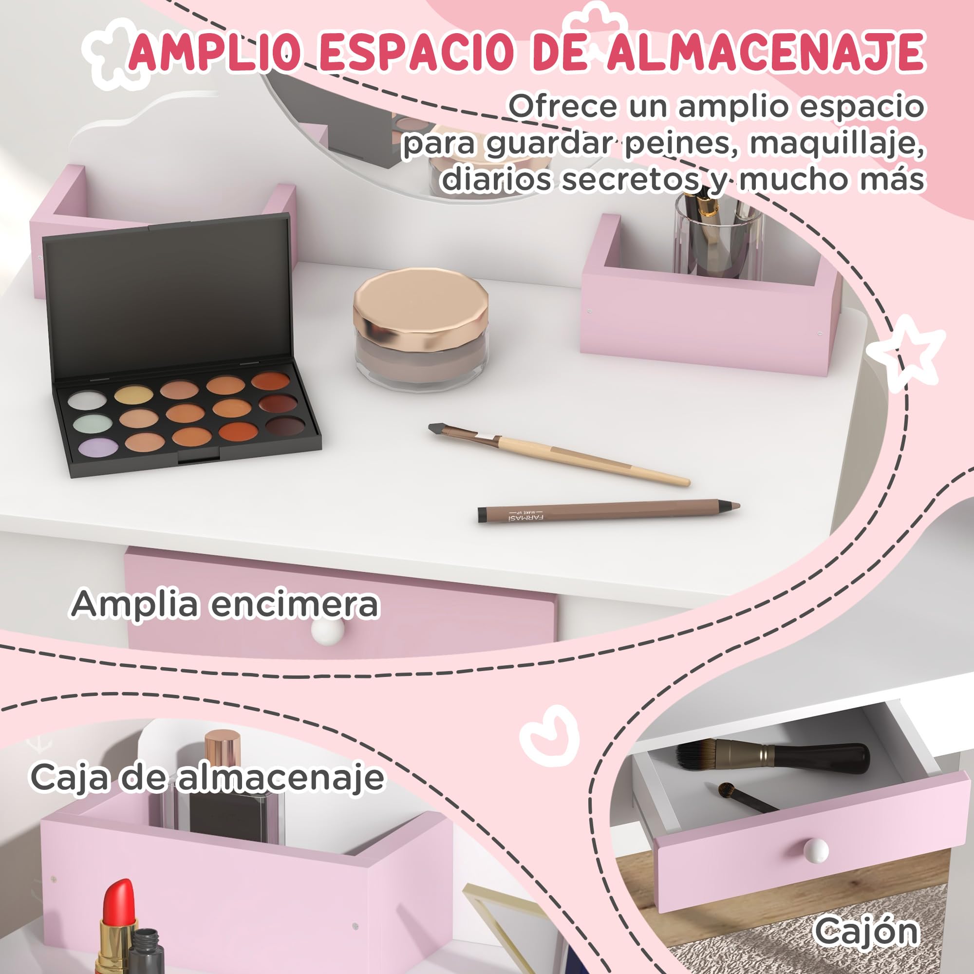 ZONEKIZ Tocador Infantil con Taburete y Espejo, Tocador para Niñas con Cajón, Compartimentos, Diseño de Unicornio, Mesa de Maquillaje para Niños y Niñas de 3-6 Años, Blanco