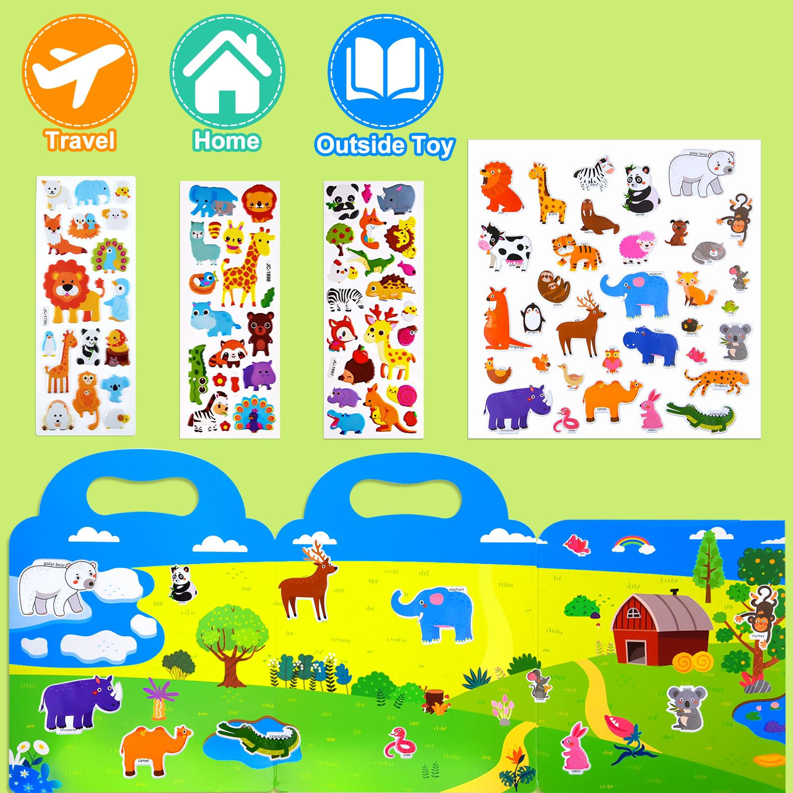 NEBURORA Livre d'autocollants gonflés réutilisables pour enfants, 88 autocollants animaux,livre d'autocollants de voyage et autocollants de scènes de jouets d'apprentissage éducatifs