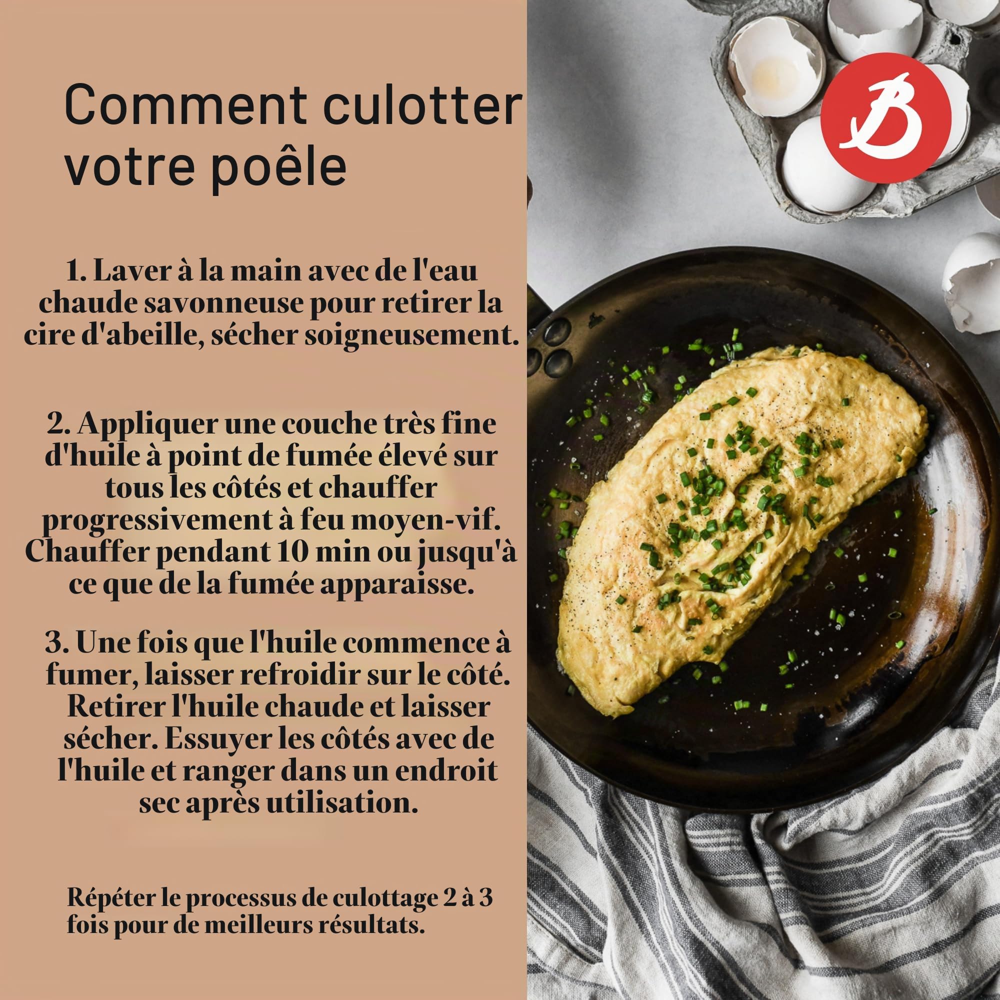 De Buyer Mineral B Pro Poêle à omelette Acier Carbone Ø 28 cm Naturellement Antiadhésive Fabrication Française