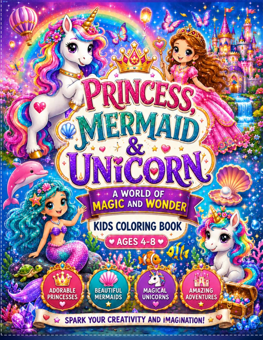 Princess, Mermaid & Unicorn A World of Magic and Wonder :: Coloring Book For Kids - Ages 4–8