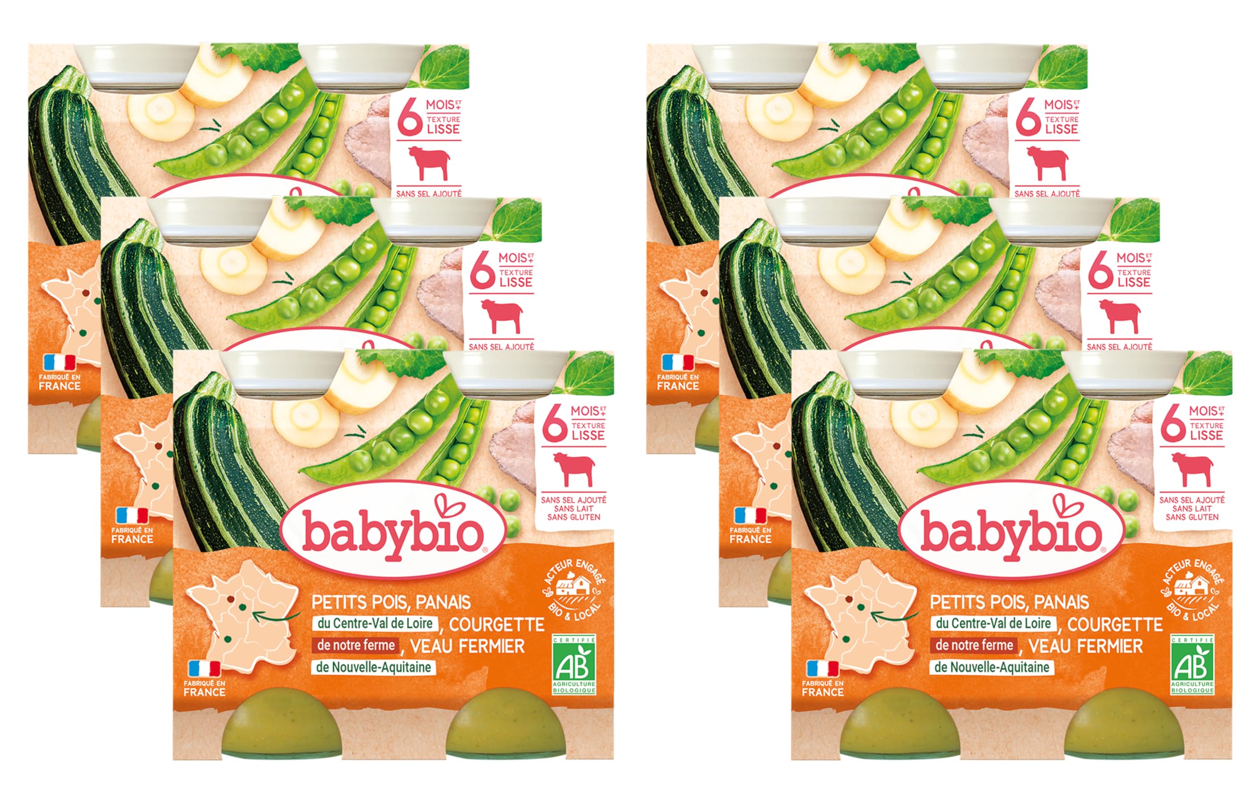 Babybio - Petits Pots Petits Pois Panais du centre-Val de Loire Courgette de Notre ferme Veau Fermier de Nouvelle Aquitaine 2x200 g - 6+ Mois - Lot de 6