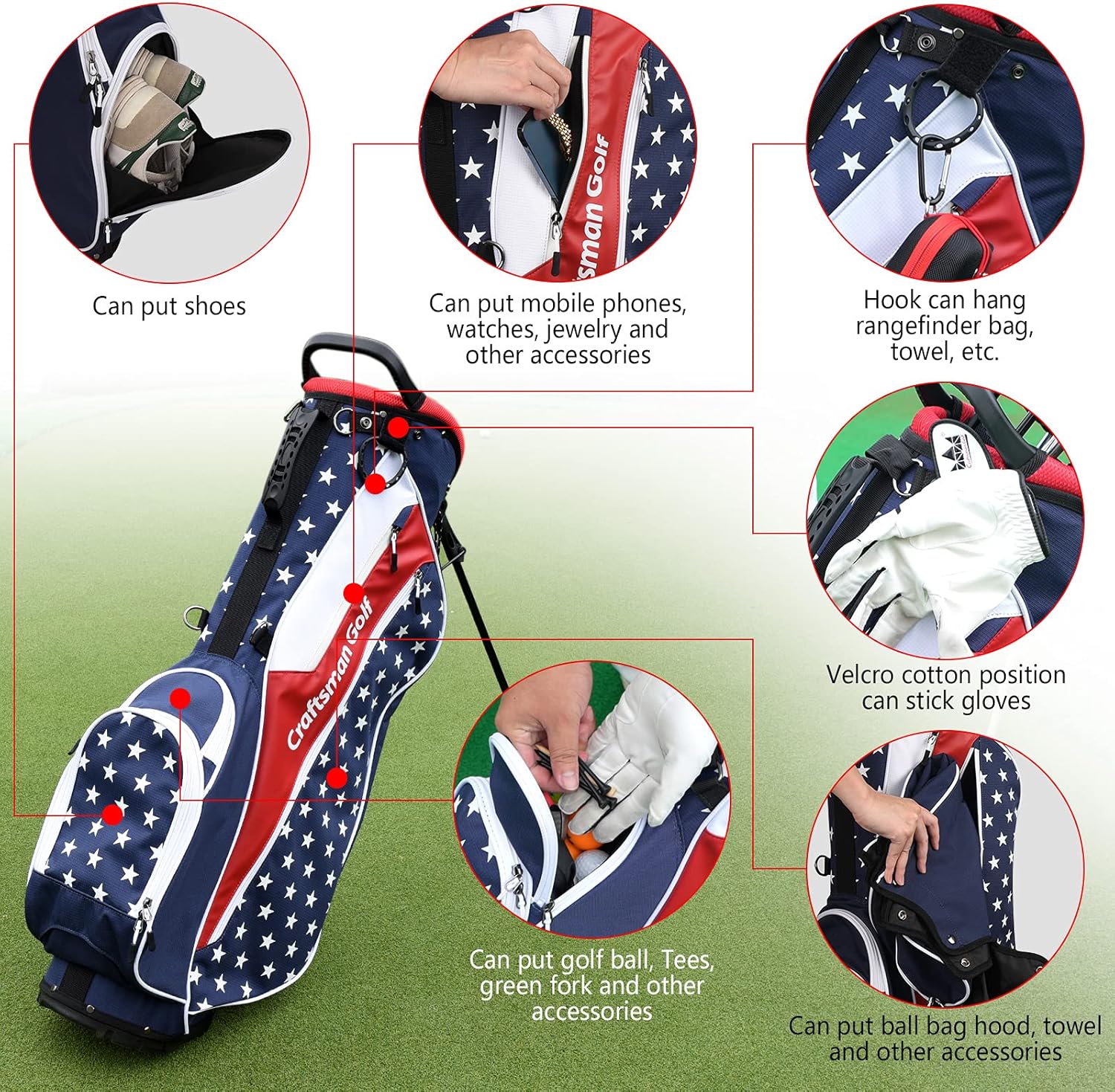 Craftsman Golf Lightweight USA Style Red White Blue Golf Bag 4 Divider Fits Up to 14 Clubs with Rain Cover Dual Back Strap