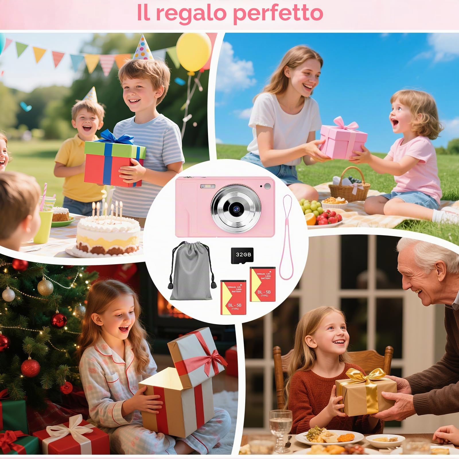 Fotocamera Digitale 56MP 1080P FHD con Autofocus16X Zoom Digitale, Fotocamera Compatta Portatile con Schermo LCD 2,8", Scheda SD 32GB 2 Batterie Perfetta per Adolescenti, Principianti (Rosa)