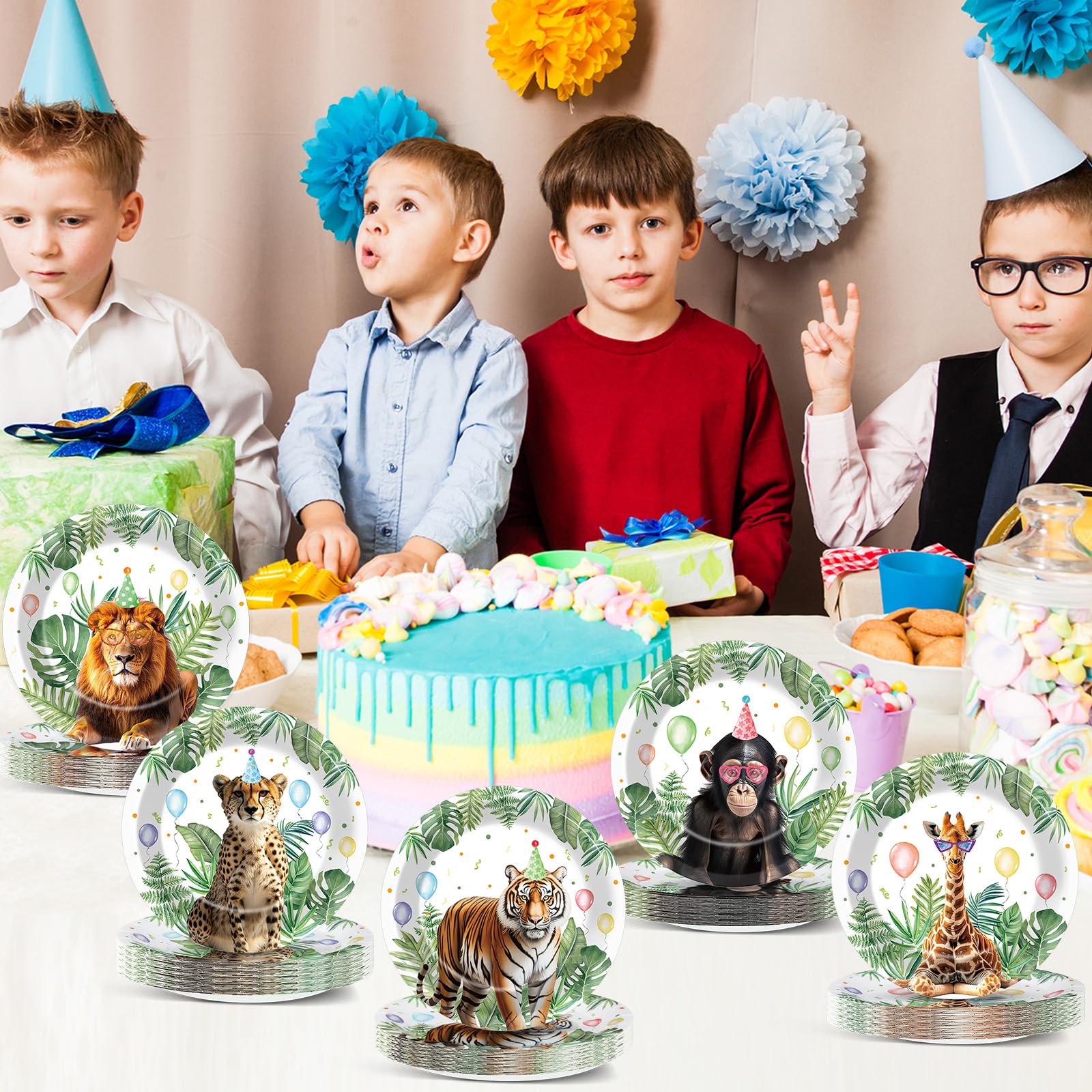 ZOIIWA Juego de 60 platos de fiesta de safari de la selva de 7 pulgadas, diseño de animales salvajes, vajilla de papel de cumpleaños, decoraciones temáticas de animales de safari para niños y niñas