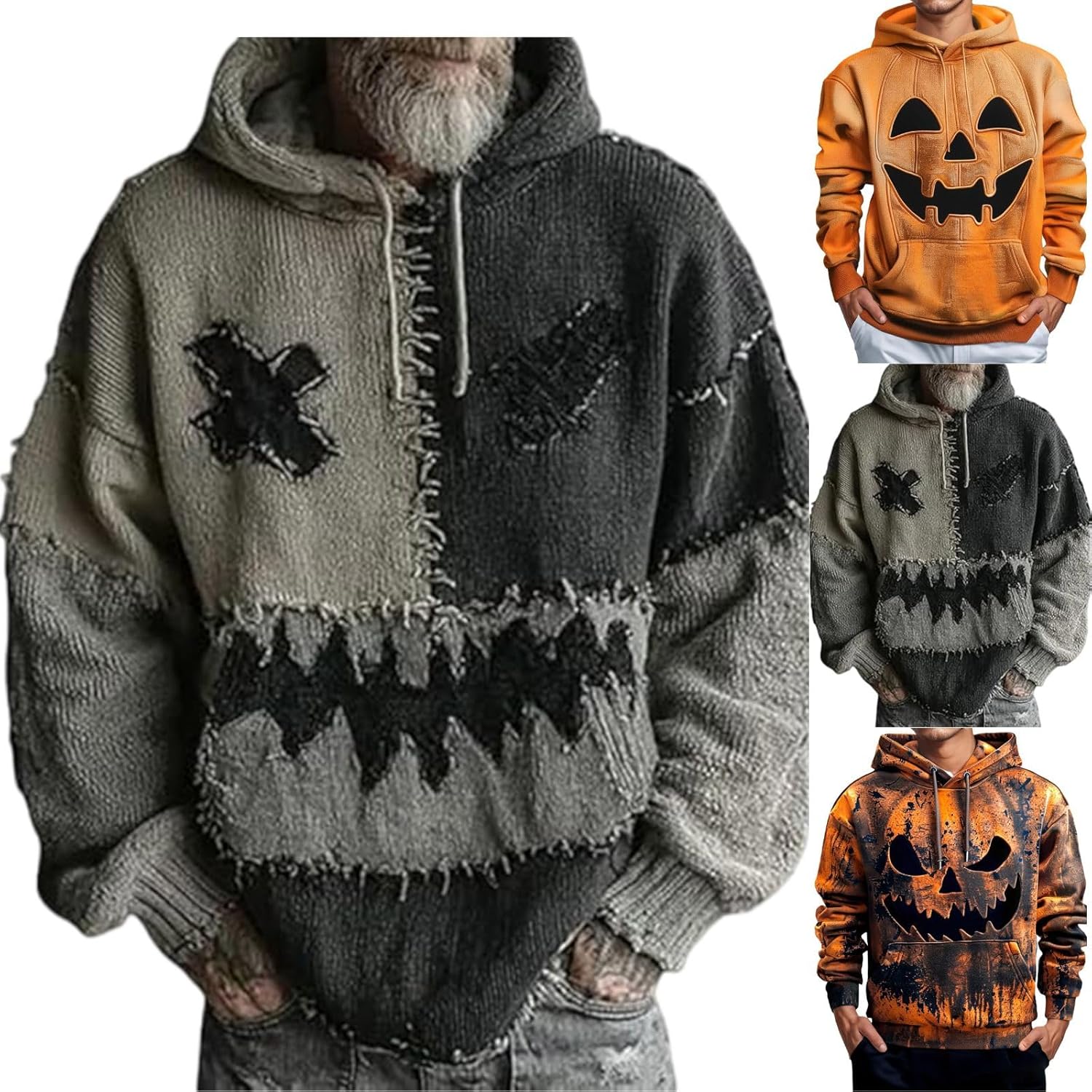 Halloween Patchwork Sweatshirts for Men Funny Pumpkin Face Graphic Hoodies Cozy Knit Hooded Pullover Fall Winter Tops