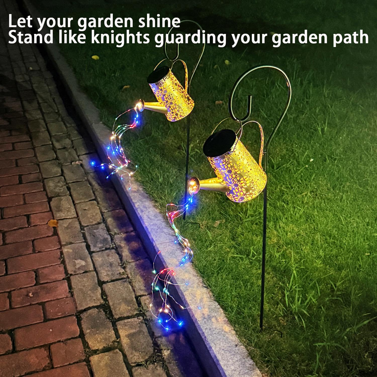 2 Pack Solar Watering Can Lights with Shepherd Hook,Solar Powered Watering Can Light Waterproof Outdoor Garden Hanging Decoration,8 Multi-Color Changing Modes(Multicolour). - Image 4