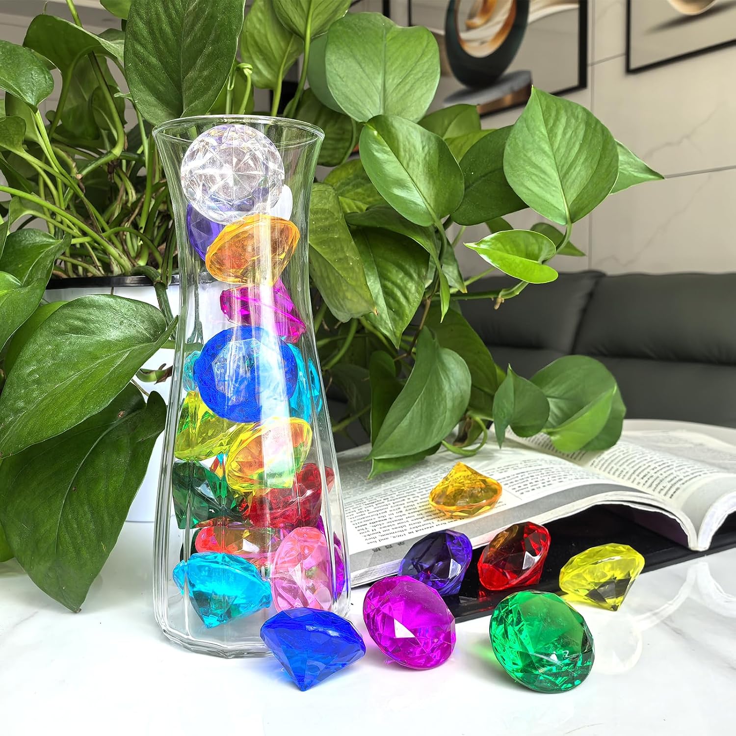 26pcs Acrylic Diamond Vase Fillers, 1.57 Inch Colorful Super Shiny Stones, Man-Made Diamond Crystal Gems for Table Accessories, Weddings, Parties, Easter Events, Crafts, Birthday Decorations