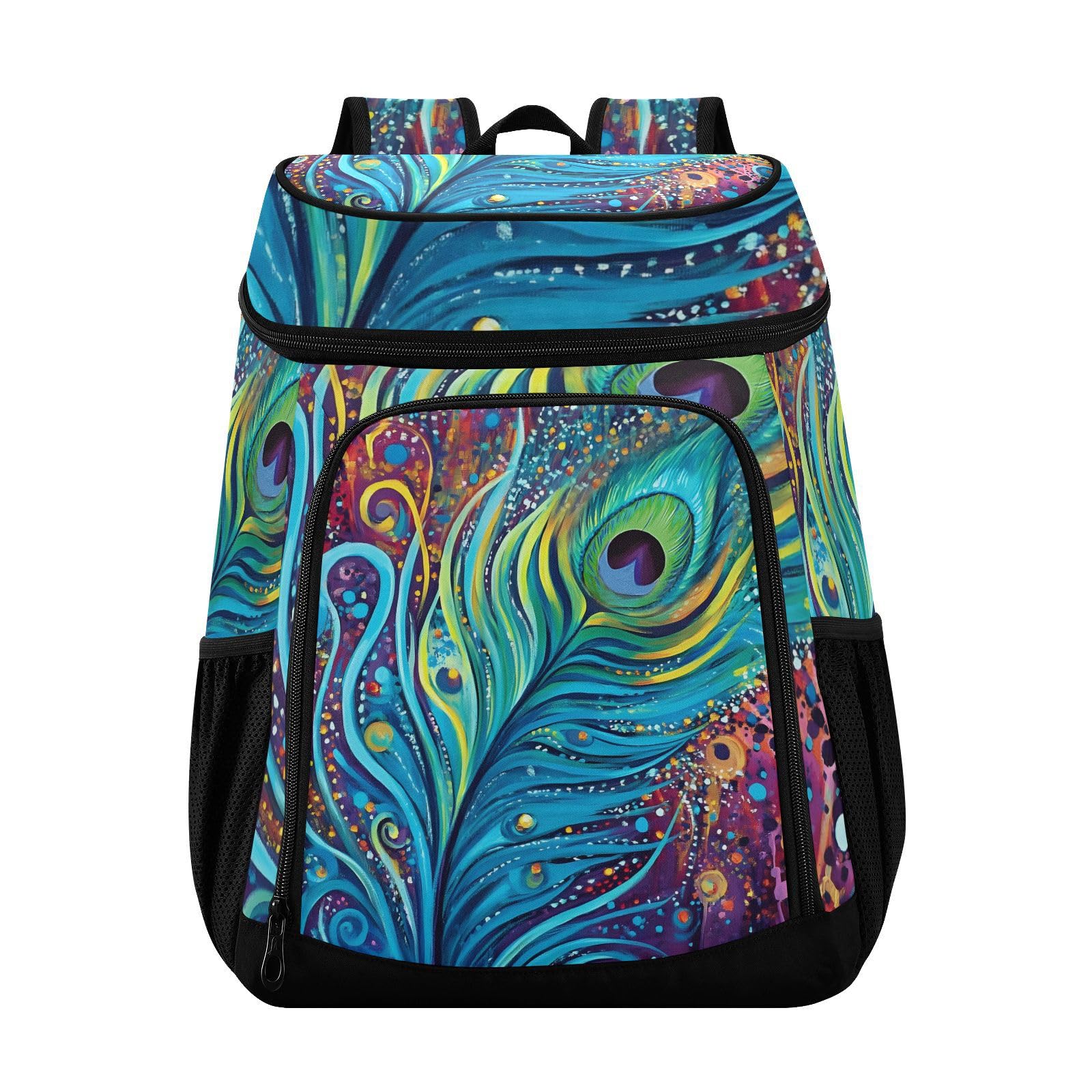 Peacock Feathers Rainbow Feathers Boho Cooler Backpack Cooler Insulated Leak Proof Lunch Backpack 36 Cans Waterproof Soft for Men Women Picnic Hiking Camping Beach