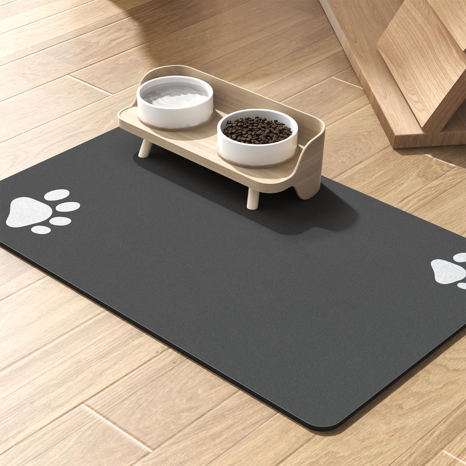 Dog Cat Food Mat Pet Bowl Absorbent No Stains Quick Dry-Innovative Pet Supplies Accessories-Water Dispenser for Messy Drinkers-Dark Grey With Paw Pattern 16"x24"