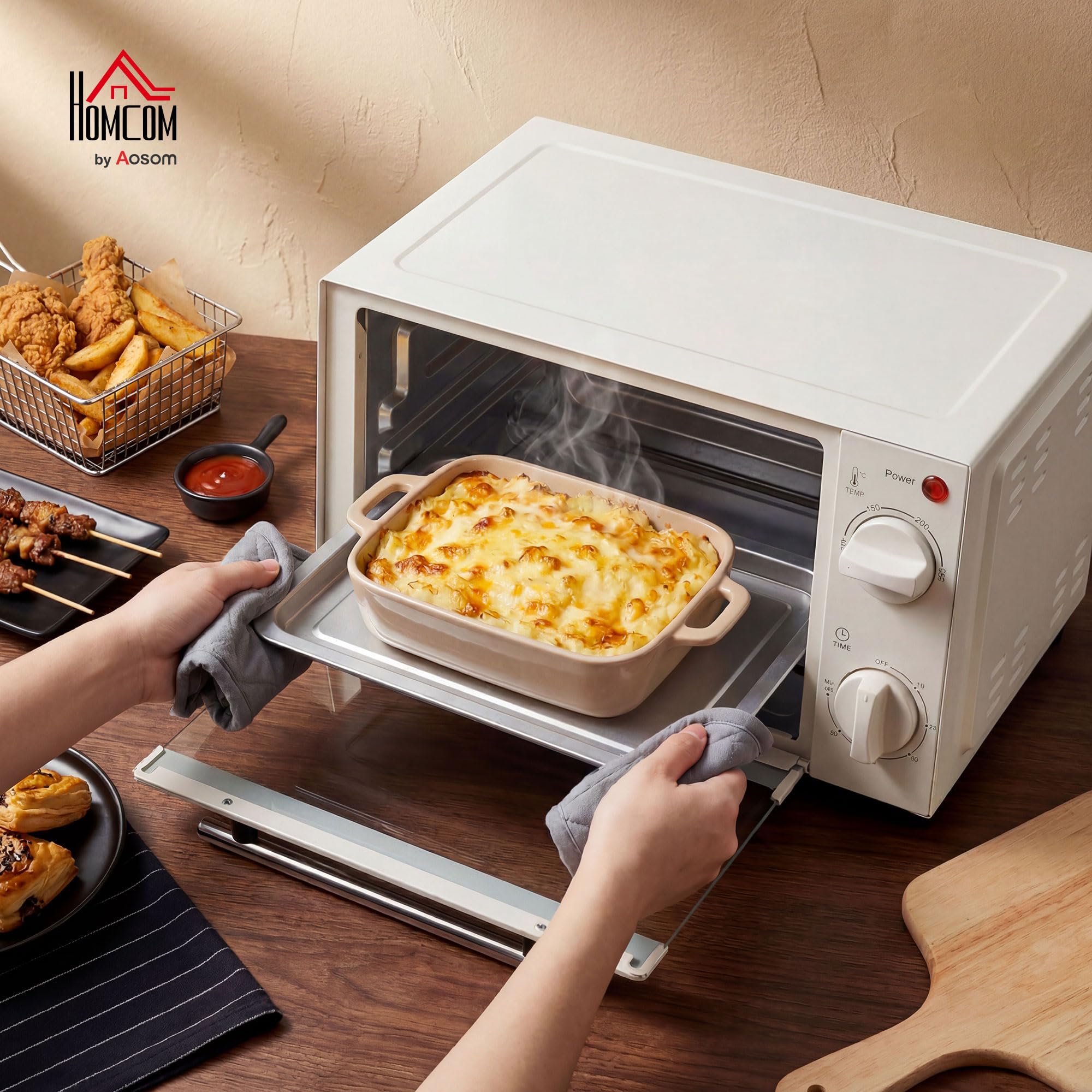 HOMCOM Mini-four 9L Mini four avec plaque de cuisson, grille, 100 °C-230 °C, avec température et durée de cuisson réglables, minuterie 60 min, 750W, acier inoxydable, blanc crème