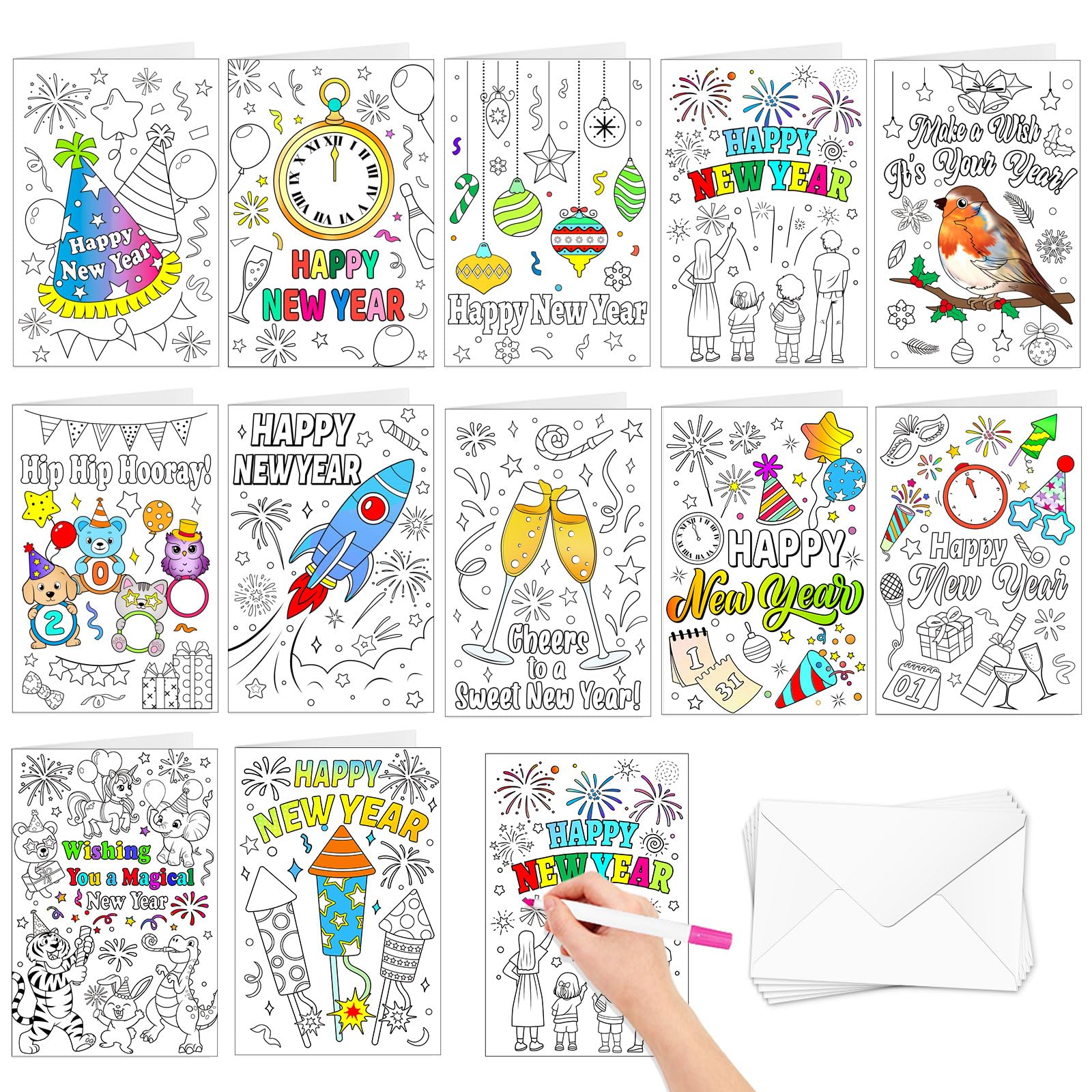 DPKOW Kids Colouring New Year Cards with Envelopes, 12 x Colouring Cards New Year Greeting Card for Kids Children Crafting DIY New Year's Eve Party Favour Creative Activities