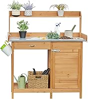 Yaheetech Outdoor Potting Bench with Metal Top, Cabinet, Drawer & Shelf - Fir Wood Garden Work Table 44x18in