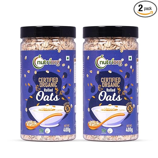 Nutriorg Organic Rolled Oats 800g (Pack of 2 * 400g) | Gluten Free Oats | High Fiber Protein Rich Oats | Oats for Weight Loss