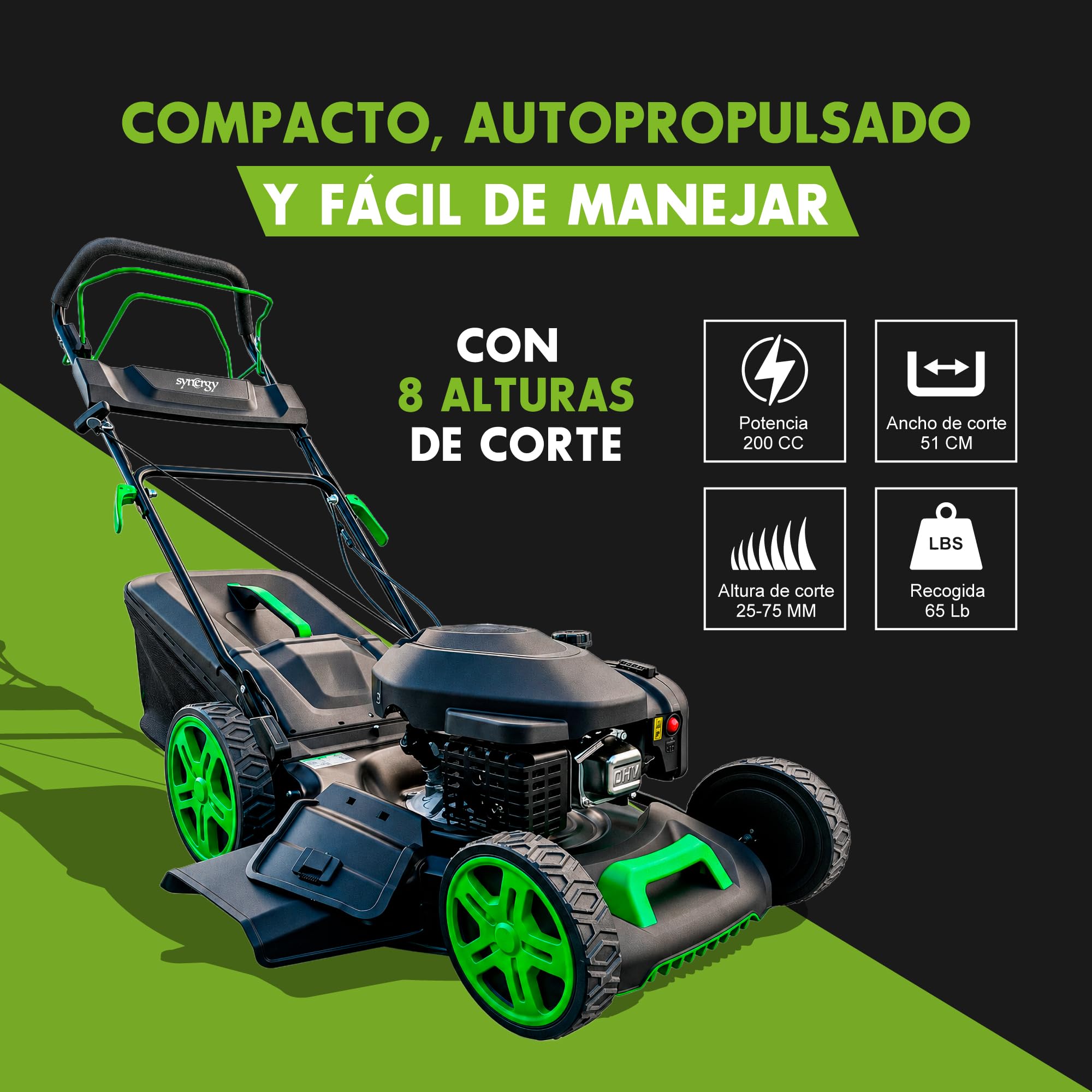 Cortacésped Gasolina autopropulsado 200cc 51 cm con Mulching y Saco 65l, chasis metálico Reforzado. Corta césped rápidamente sin Esfuerzo con su tracción Trasera. cortacésped Gasolina Profesional